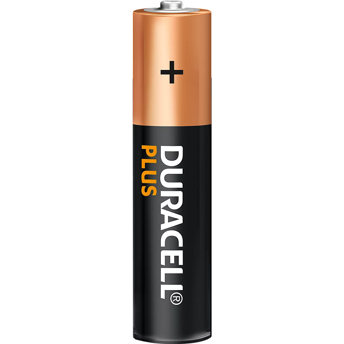 Eine Duracell-Batterie. Der obere Teil ist kupferfarben mit einem schwarzen Pluszeichen, der untere Teil ist schwarz, mit weisser Schrift.