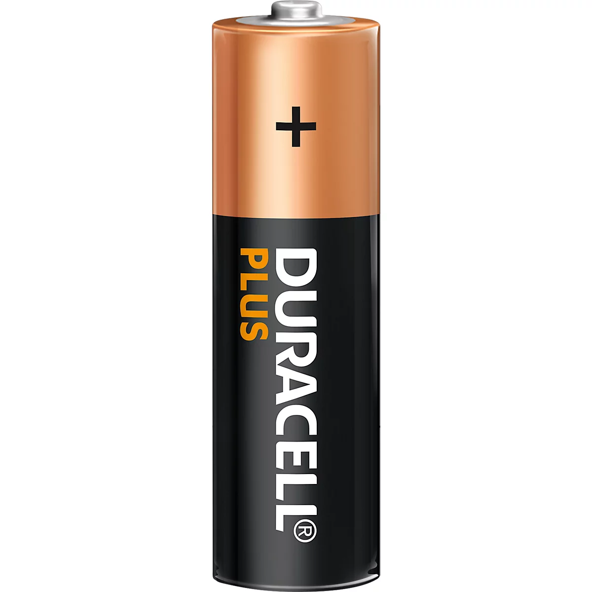 Eine Duracell Plus-Batterie; orange-brauner Pluspol, schwarzer Korpus mit weißem Schriftzug. 