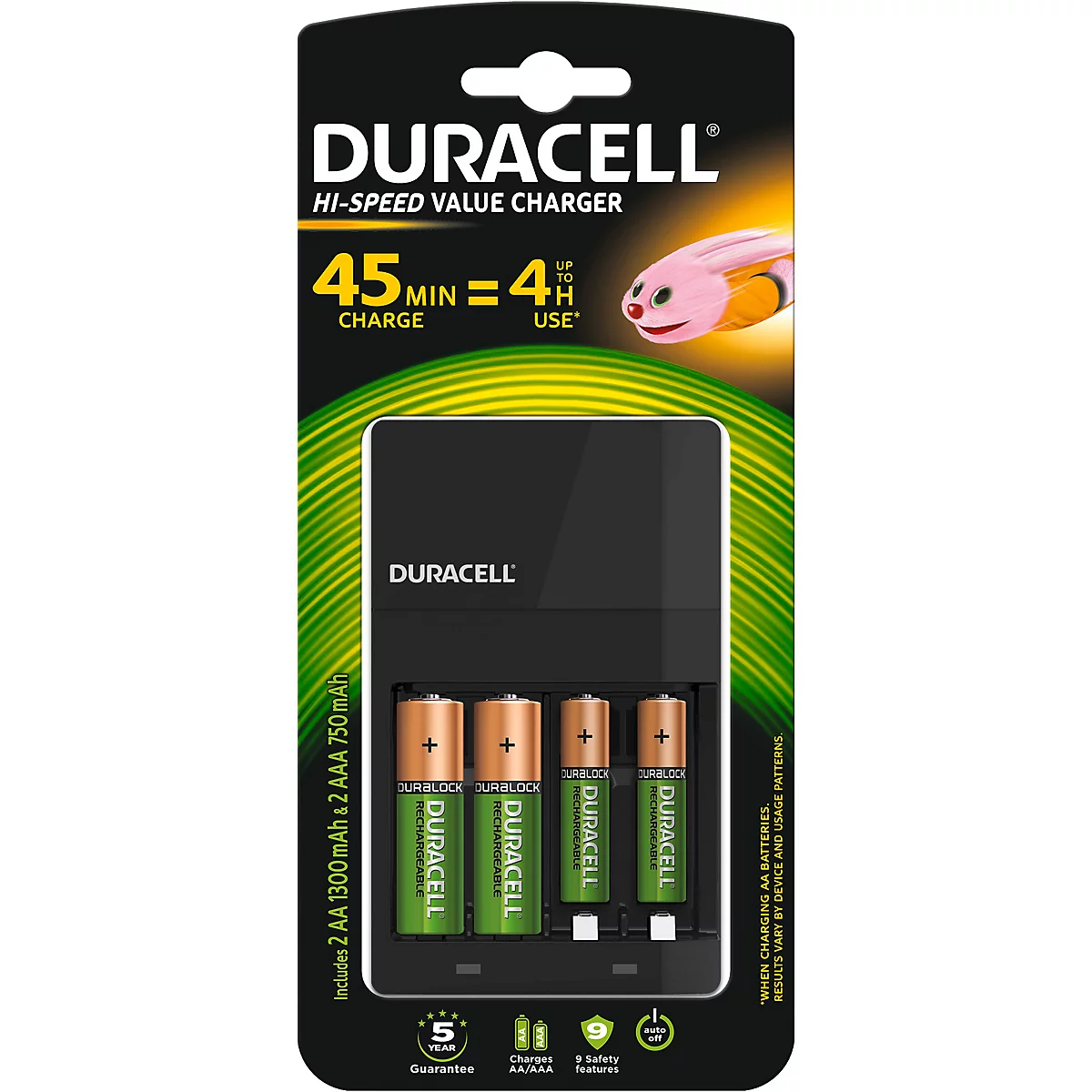 Chargeur de batterie Duracell avec batteries ; emballage du produit avec texte et logo. Comprend des piles et une fonction de charge.