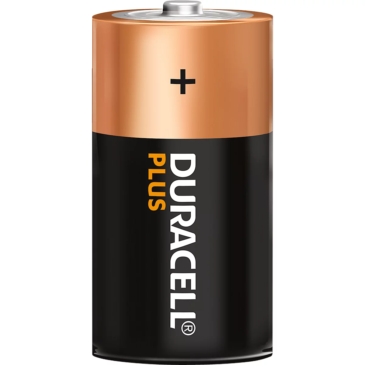 Duracell Plus Batterie mit kupferfarbenem Pluspol und schwarzem Gehäuse vor weissem Hintergrund.