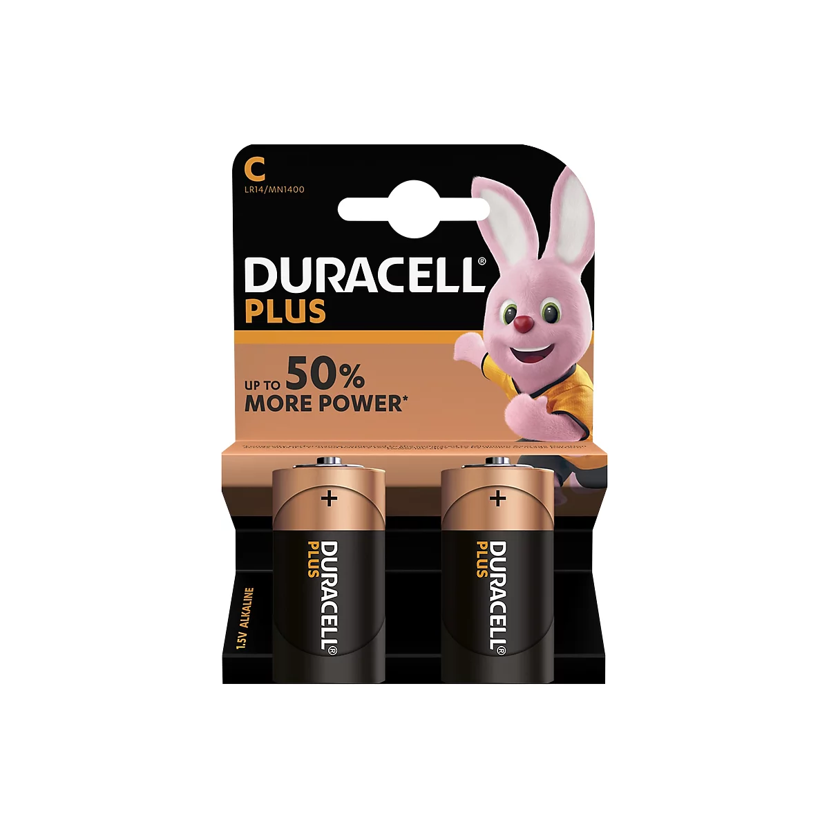 Two Duracell Plus batteries with pink Duracell bunny and text.