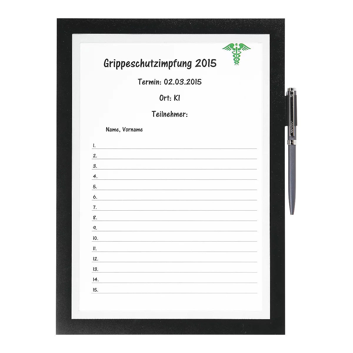 A black picture frame surrounds a white sheet with flu-related information. A pen lies to the right.