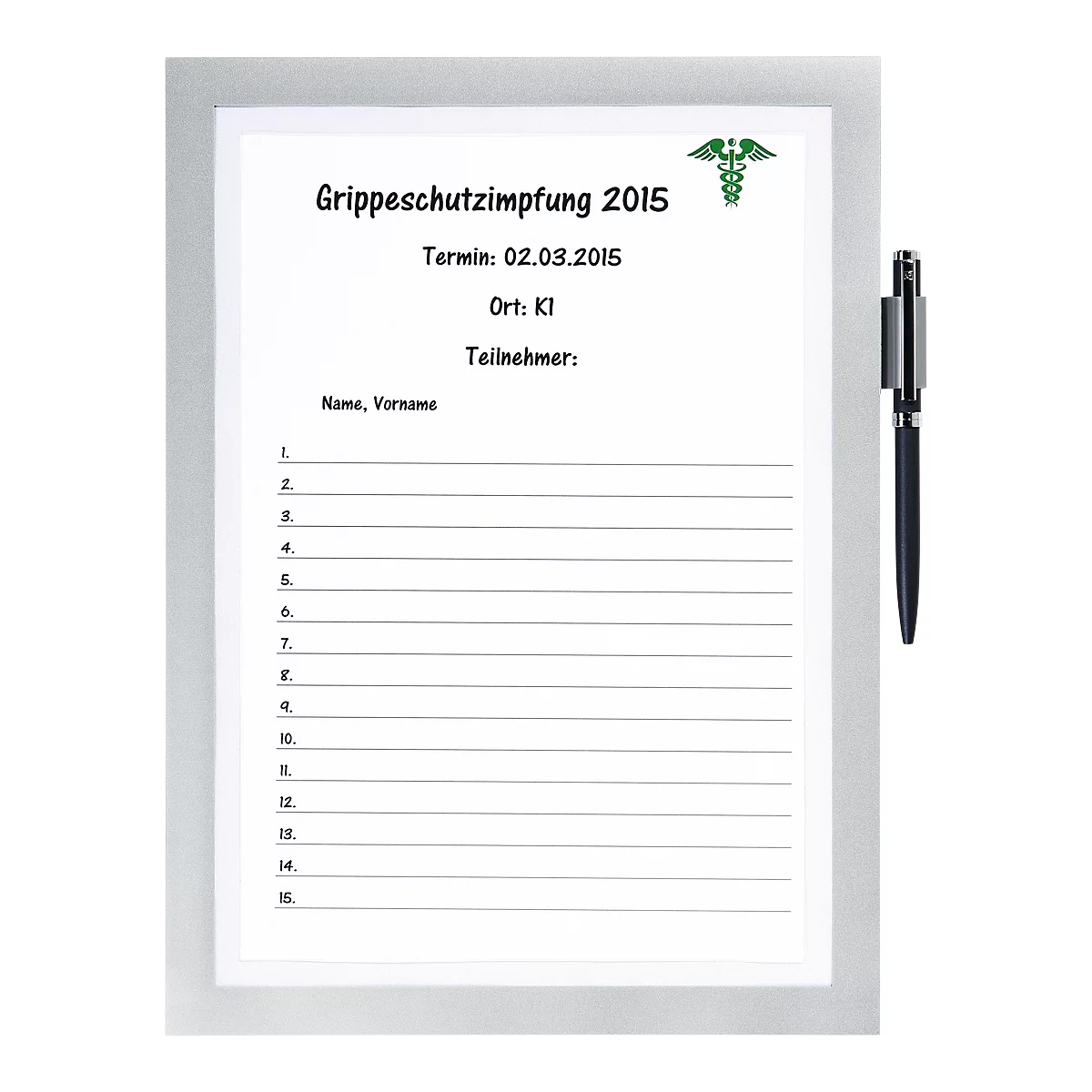 A gray frame encloses a white paper. At the top it says "Grippeschutzimpfung 2015". Below that are further information and a list to fill in.
