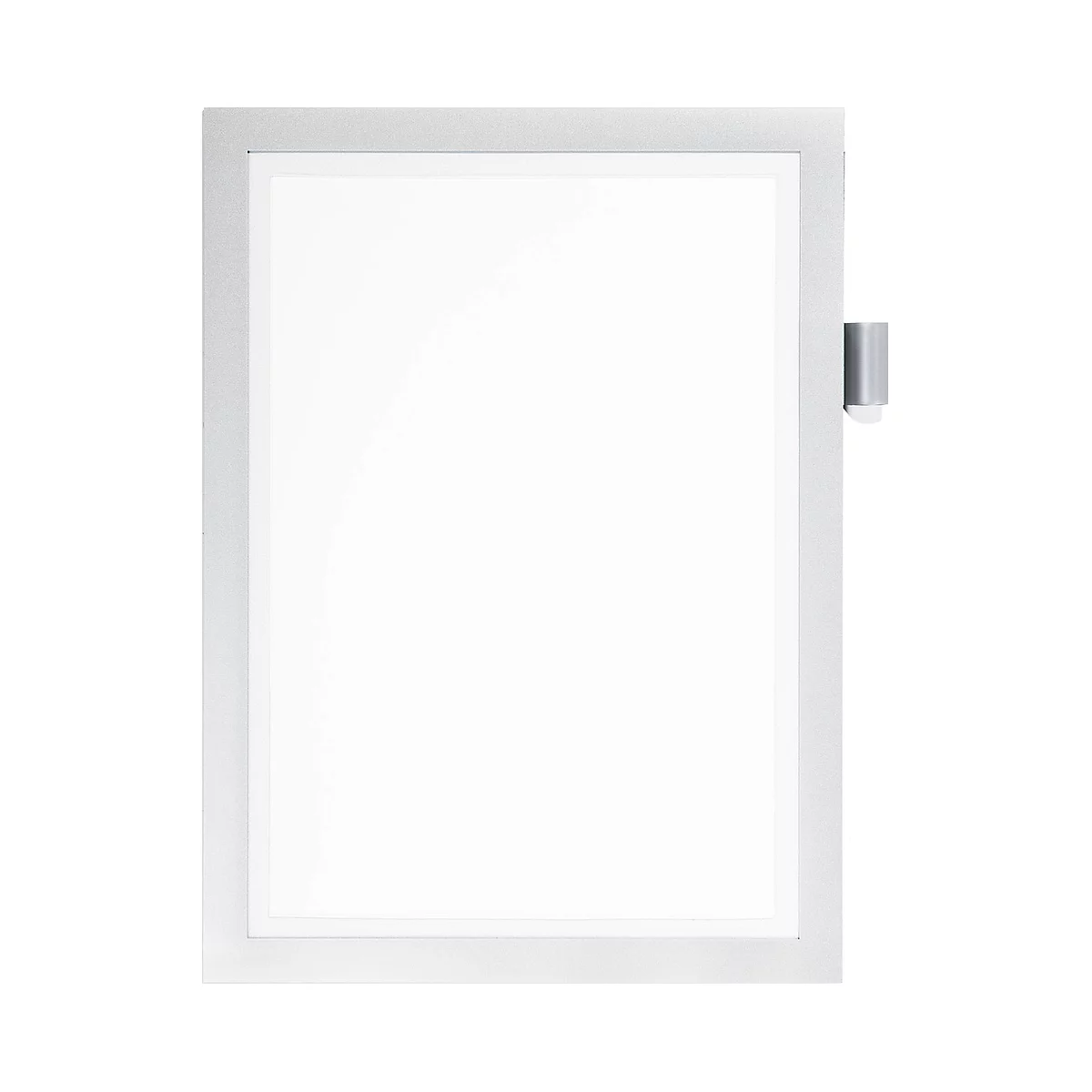 White, rectangular LED panel with a silver frame. A small, rectangular holder on the side.