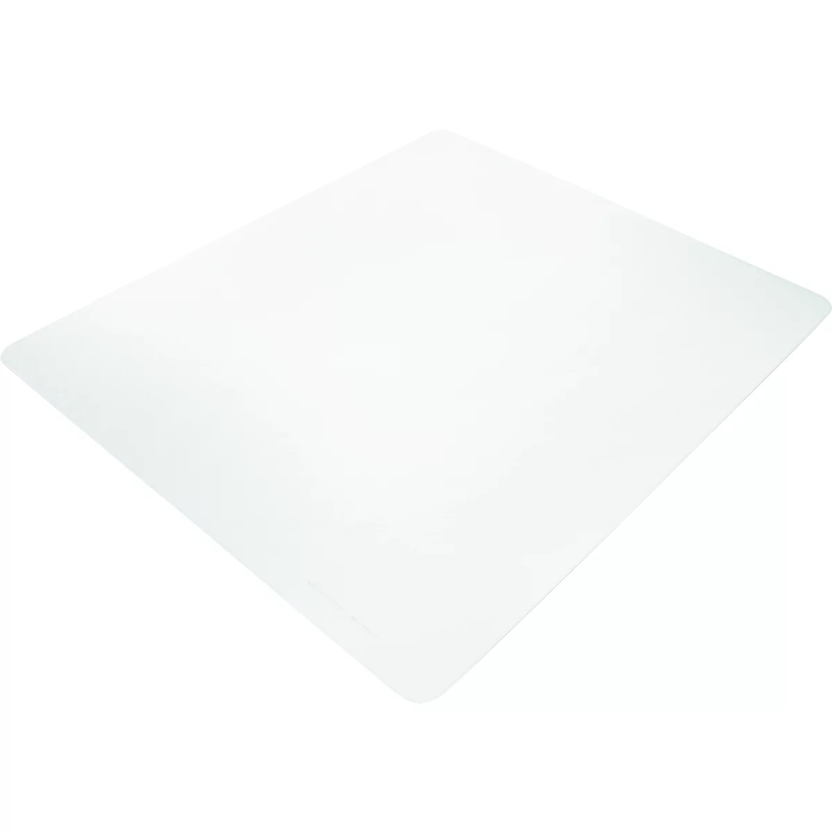 Transparante bureauonderlegger met afgeronde hoeken, lichtjes schuin geplaatst.