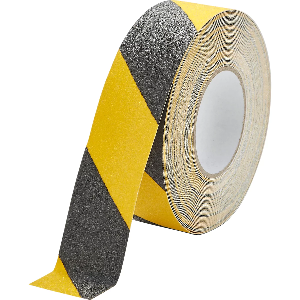 A roll of yellow and black anti-slip tape. The tape is rolled up and partially unrolled, revealing the striped pattern.