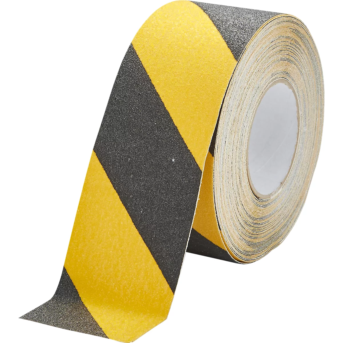 Yellow and black striped adhesive tape, rolled, for marking danger areas.