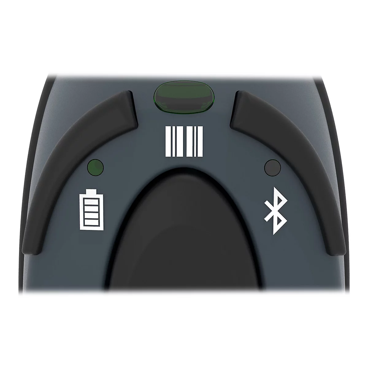 Nahaufnahme eines grauen Barcode-Scanners mit weiÃŸen Symbolen: Akku, Barcode, Bluetooth. Schwarze Bedientasten.