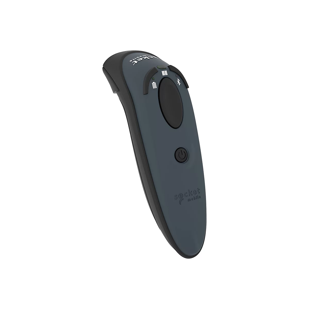 Ein dunkelgrauer Barcodescanner mit KnÃ¶pfen und dem Schriftzug 'Socket Mobile'.