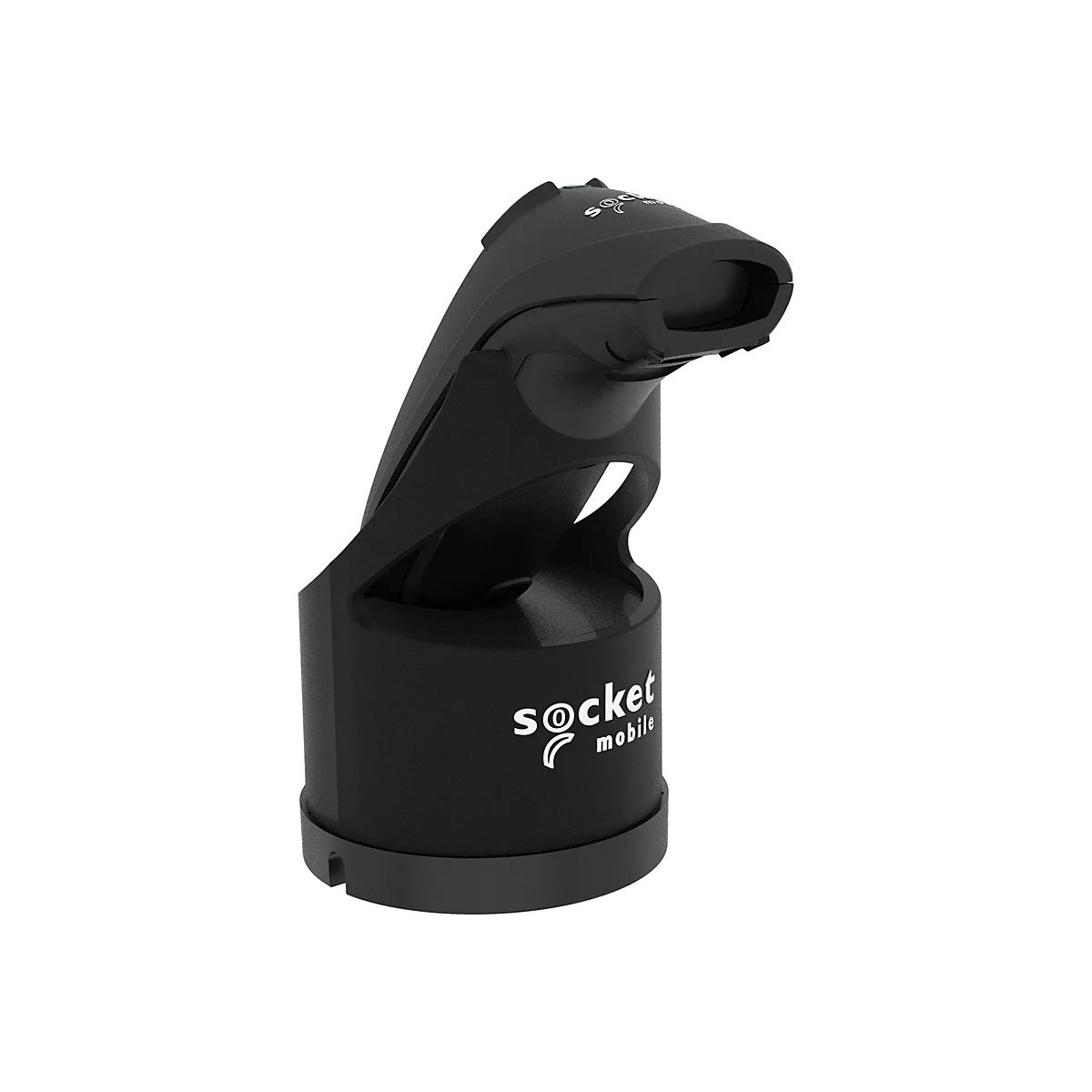 Schwarzes Gerät, vermutlich ein Barcodescanner, auf weißem Hintergrund. Der Scanner hat einen gebogenen Hals und ein zylindrisches Gehäuse mit Schriftzug.