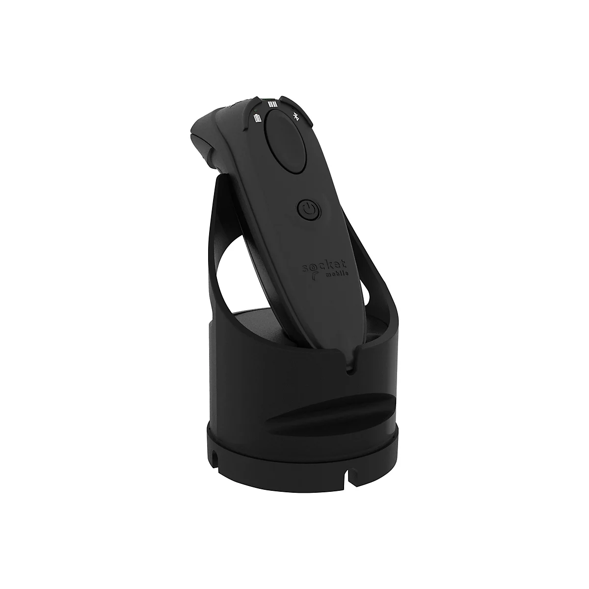 Schwarzer Barcodescanner mit Halterung. Auf dem Scanner befinden sich Knöpfe und Symbole.