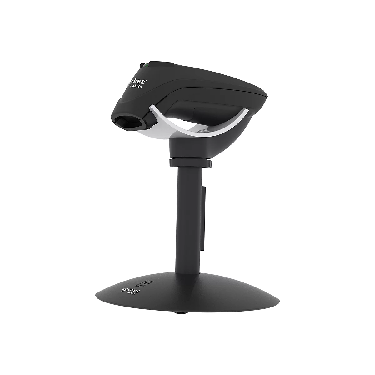 Schwarzer Barcode-Scanner auf einem StÃ¤nder. Das GerÃ¤t steht vor weiÃŸem Hintergrund.
