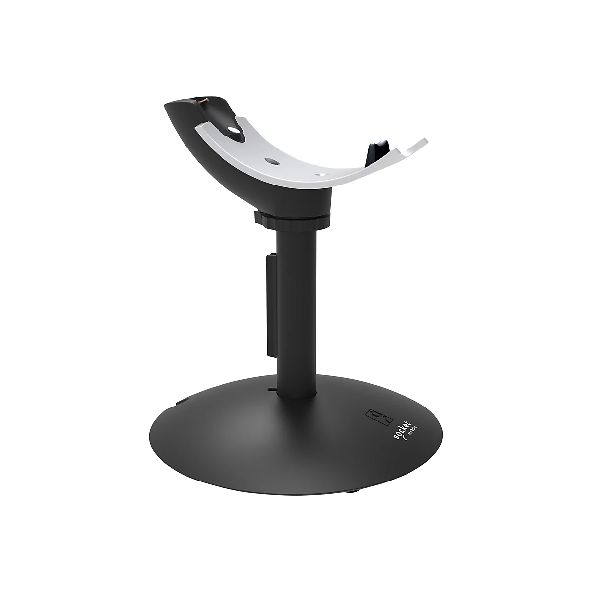 Schwarze Barcode-Scanner-Halterung mit grauer Halterung. Auf rundem FuÃŸ, SÃ¤ule, Halterung. Logo socket am FuÃŸ.