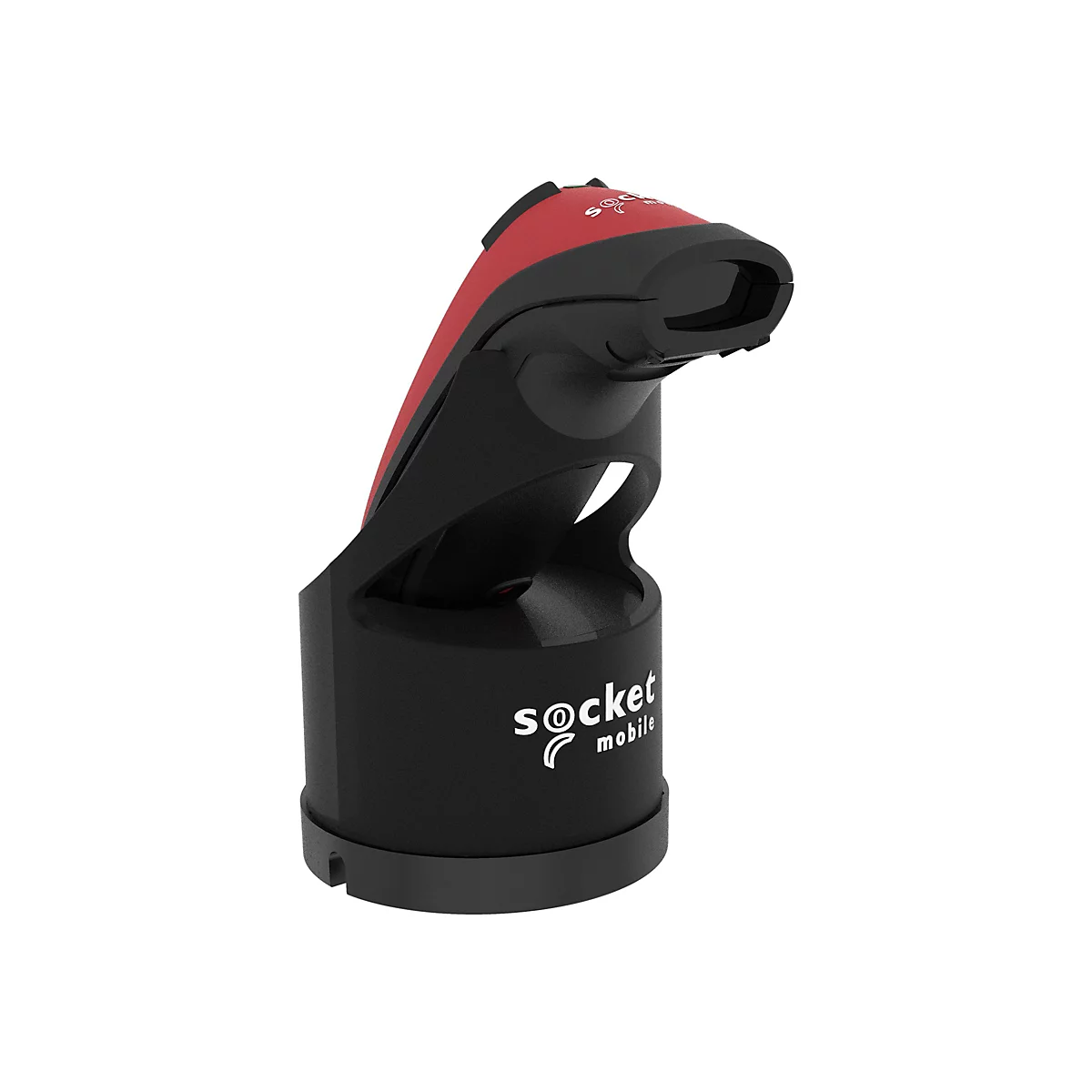 Schwarz-rotes Gerät mit geschwungener Form. Aufschrift "socket mobile" in Weiß. Detailansicht auf weißem Hintergrund.