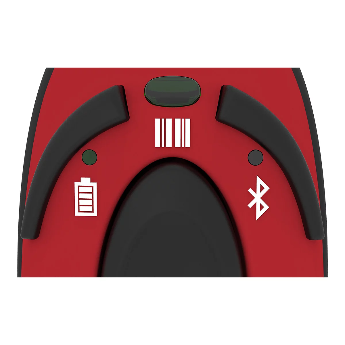 Nahaufnahme eines roten Geräts mit schwarzen Akzenten und weißen Symbolen für Batterie, Bluetooth und Barcode.