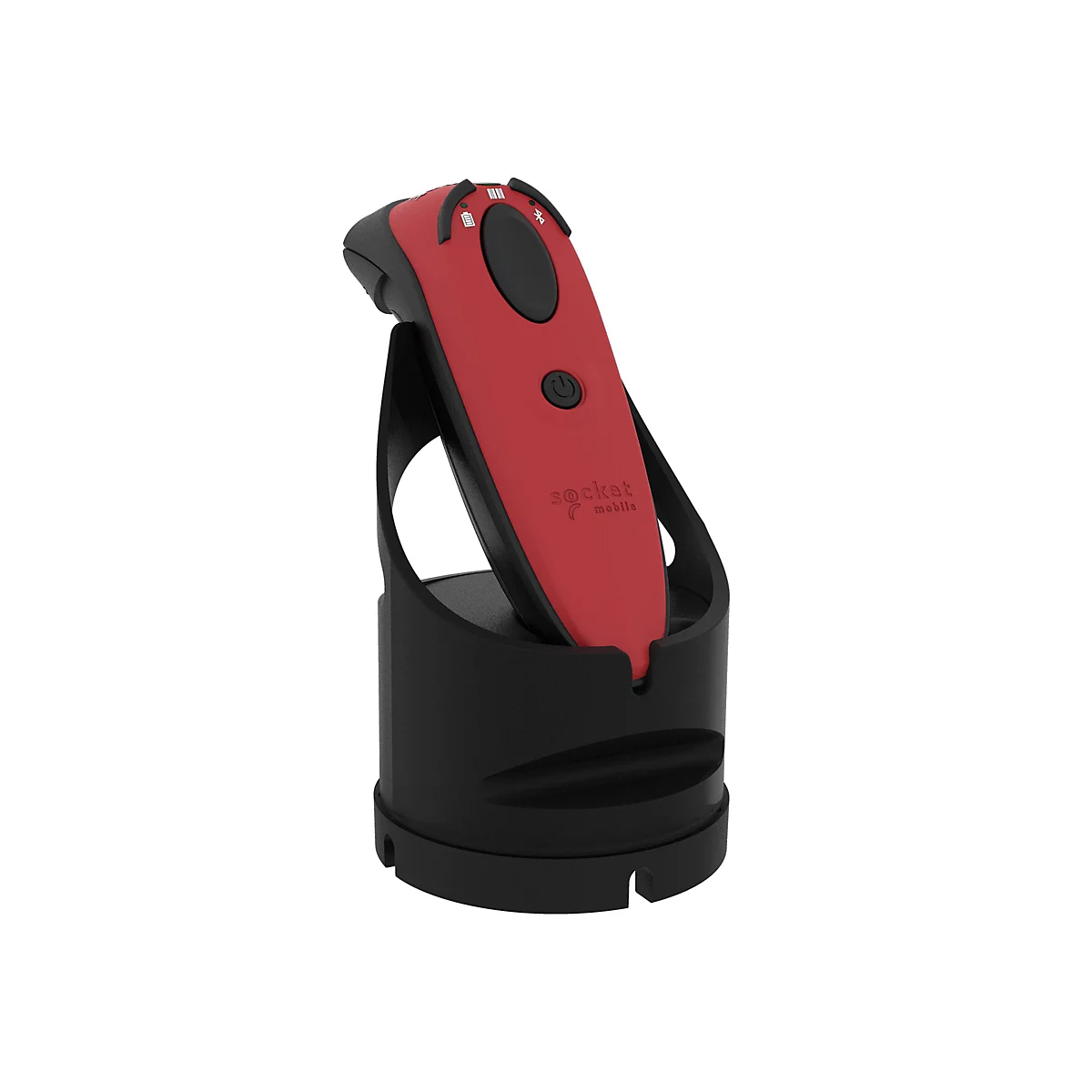 Ein roter Barcode-Scanner in einer schwarzen Ladestation, auf weißem Hintergrund.