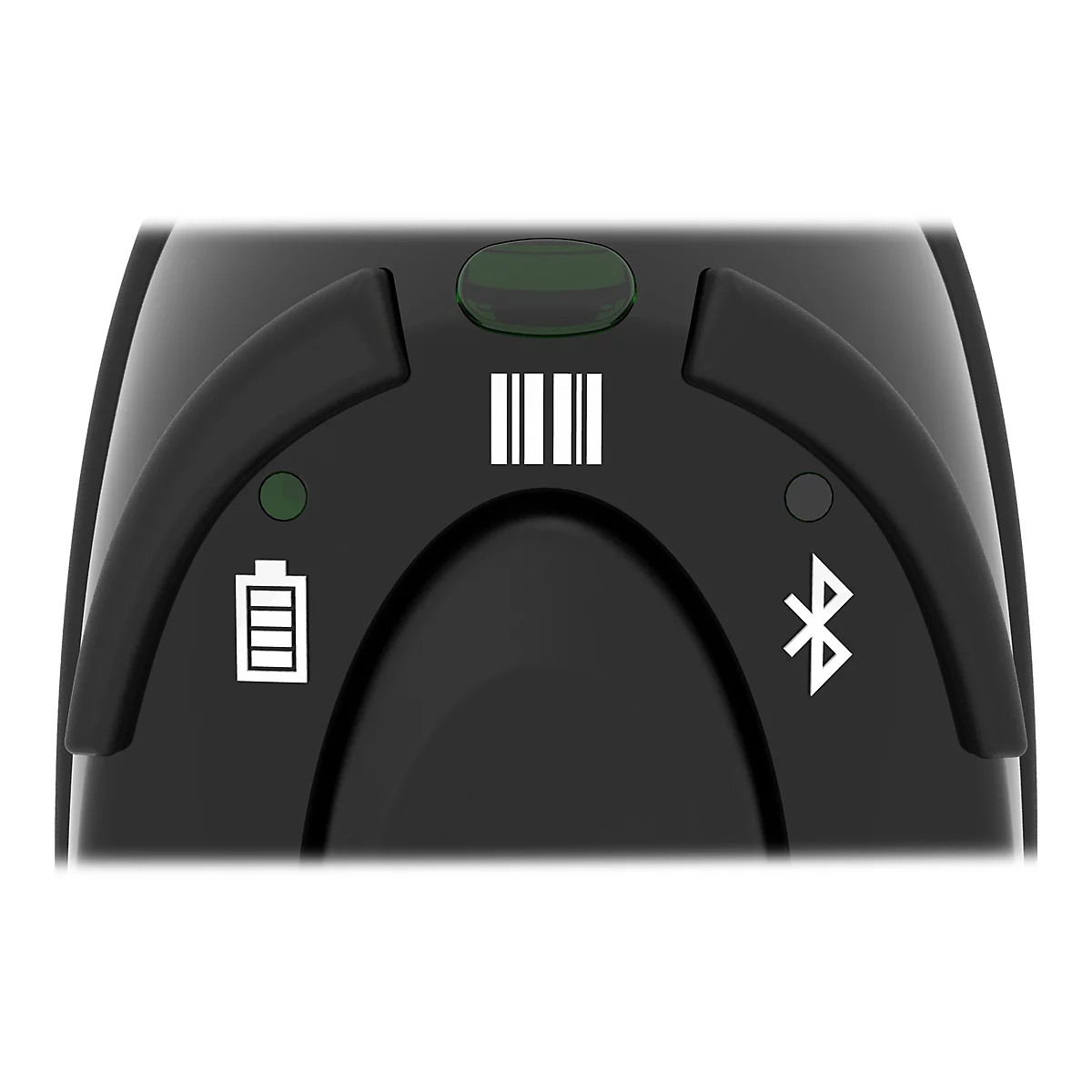 Gros plan sur un lecteur de codes-barres noir. Des symboles de batterie, de code-barres et de Bluetooth sont visibles.