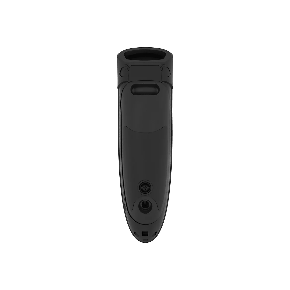 Objet noir et oblong. Il y a une ouverture ronde en haut, un renfoncement oblong au milieu et deux petits renfoncements ronds en bas.