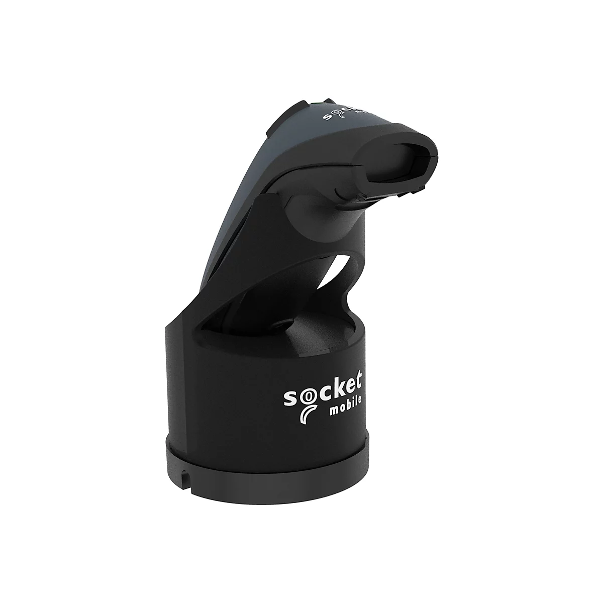 Schwarzer Scanner mit Sockel und abgewinkeltem Lesekopf. Logo 'socket mobile' auf der Seite.