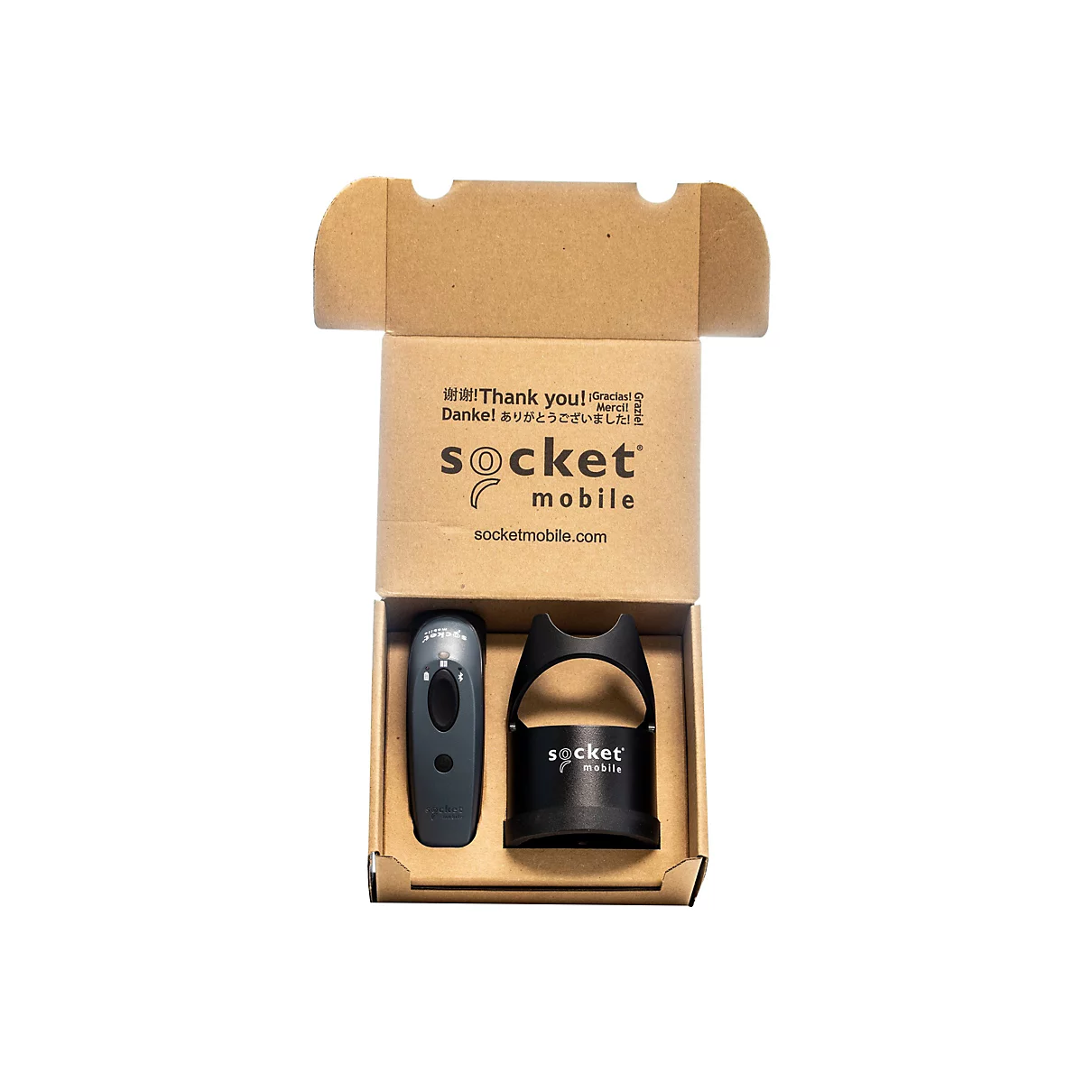 Dunkelgrauer Barcode-Scanner und Ladestation in brauner Box mit Thank you!-Schriftzug.
