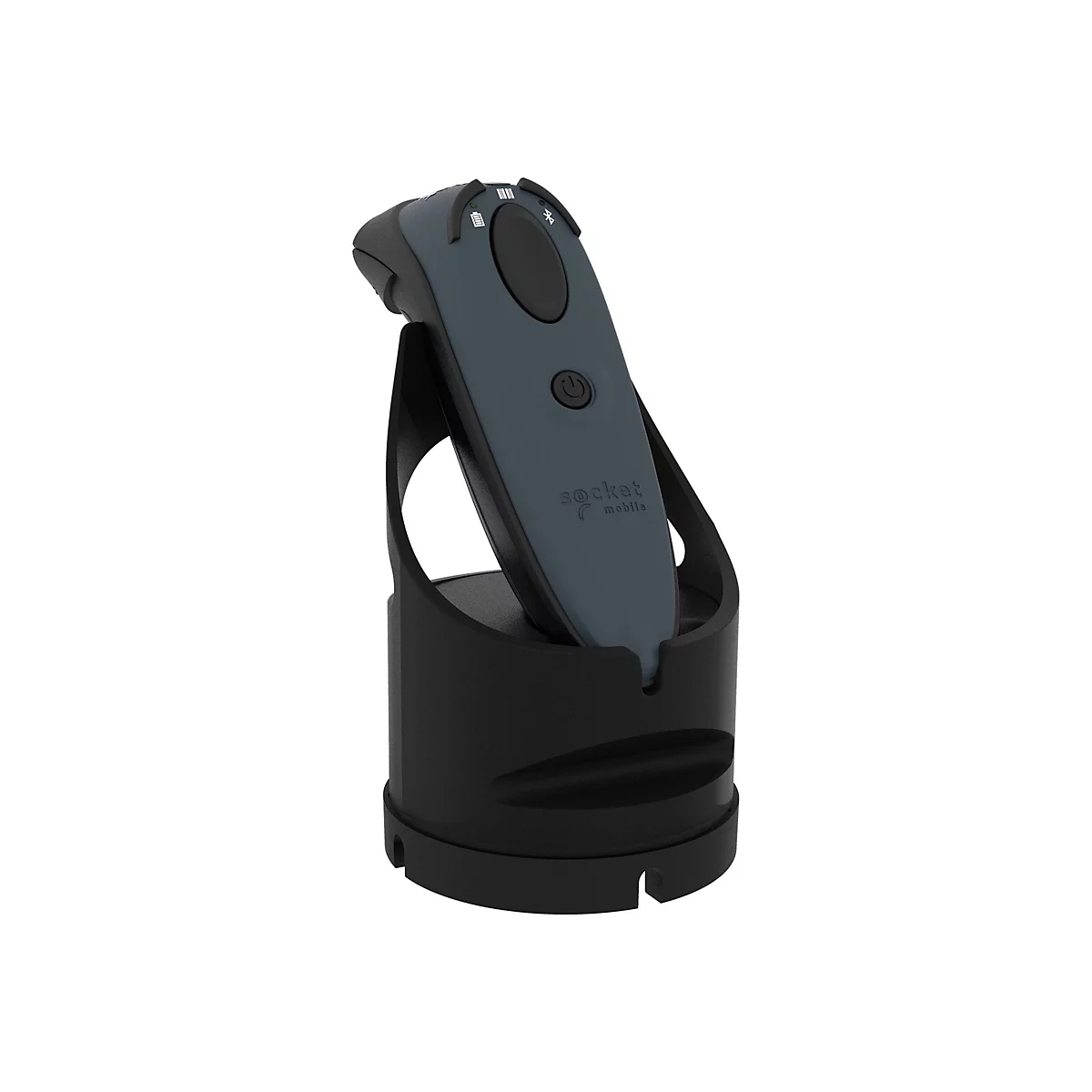 Ein grauer Barcode-Scanner mit schwarzer Basisstation. Darauf befindet sich ein An/Aus-Knopf und das Logo des Herstellers.