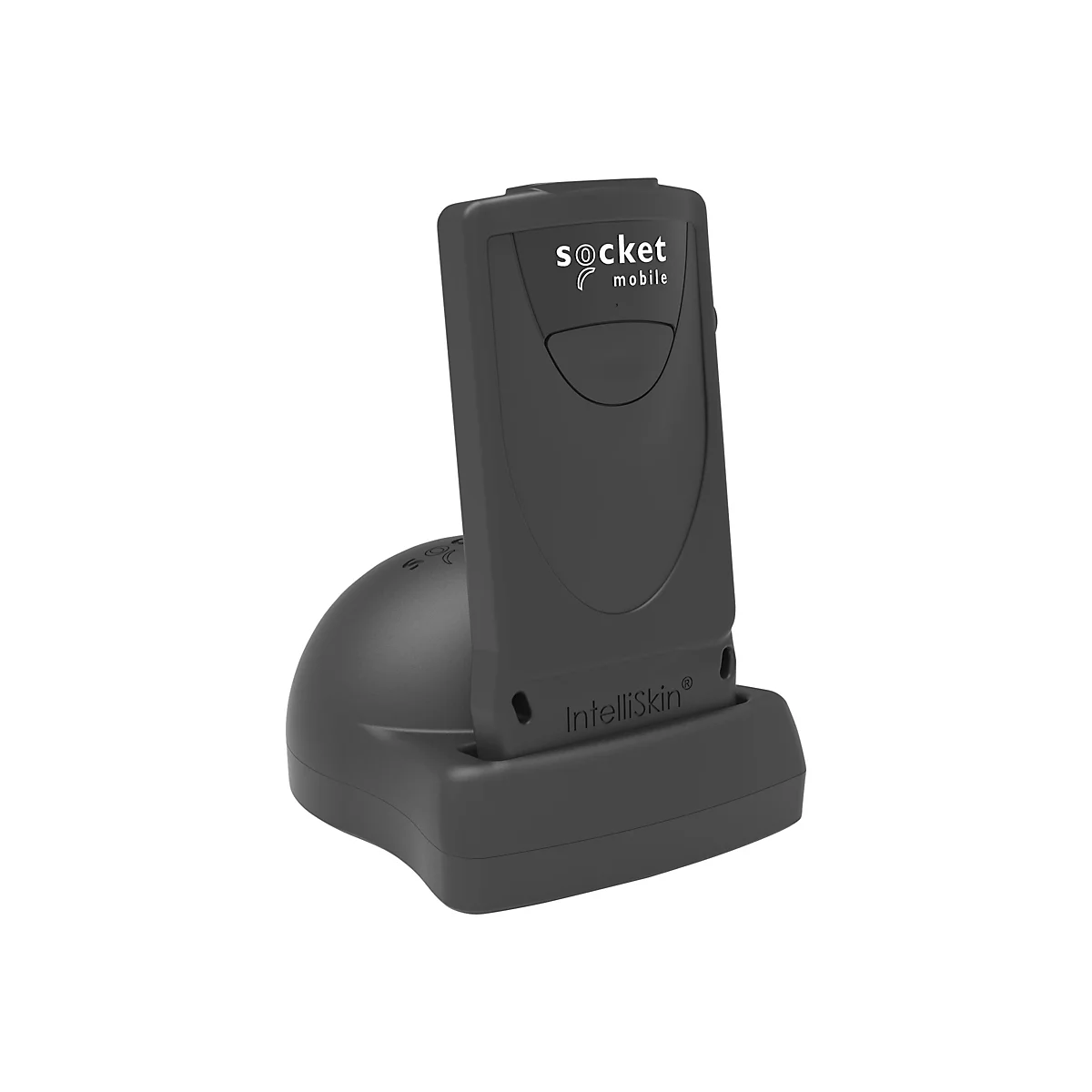 Schwarze Ladestation für ein Mobilgerät. Oben steht 'Socket Mobile', darunter 'IntelliSkin'.