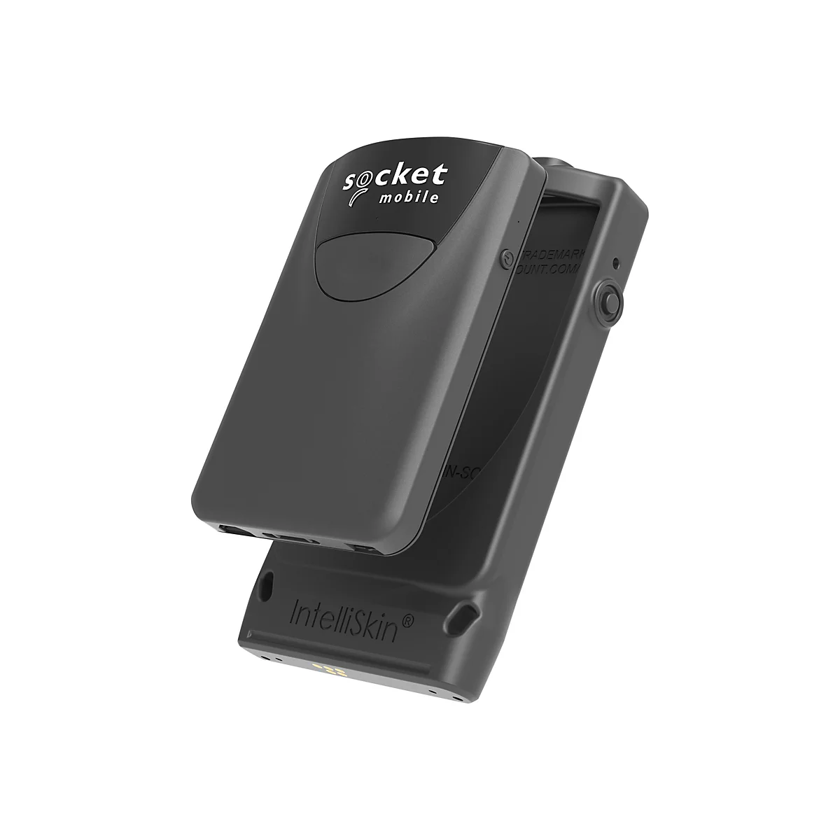 Schwarzes Socket Mobile Gerät, IntelliSkin-Aufdruck. Oberteil mit „socket mobile“-Schriftzug. Auf weißem Hintergrund dargestellt.
