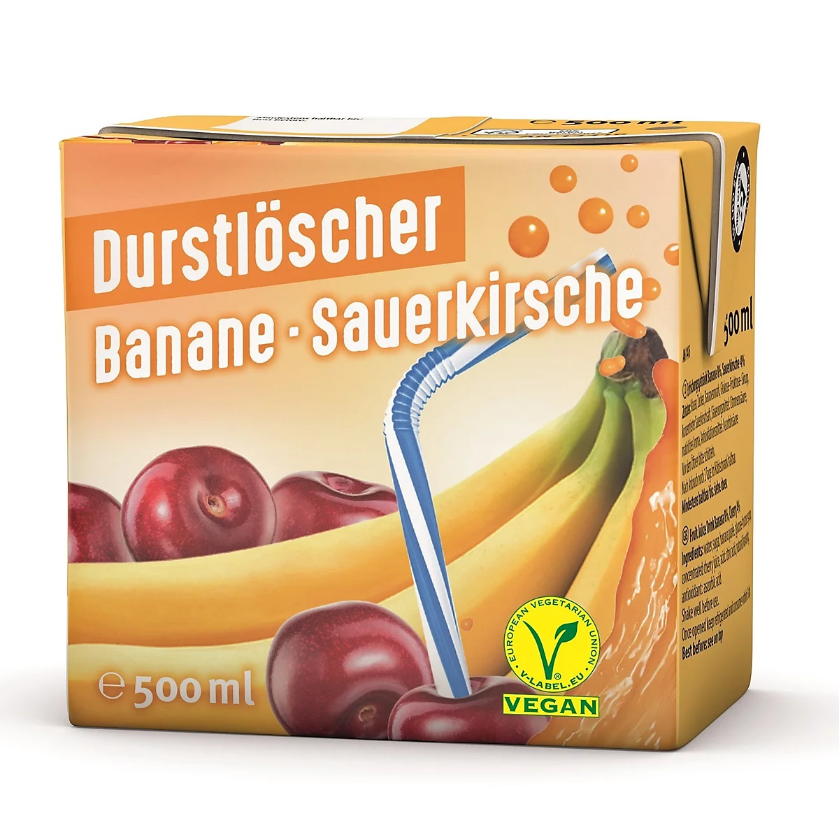 Durstlöscher Getränkepackung mit Bananen- und Sauerkirschgeschmack, 500 ml, mit Strohhalm.