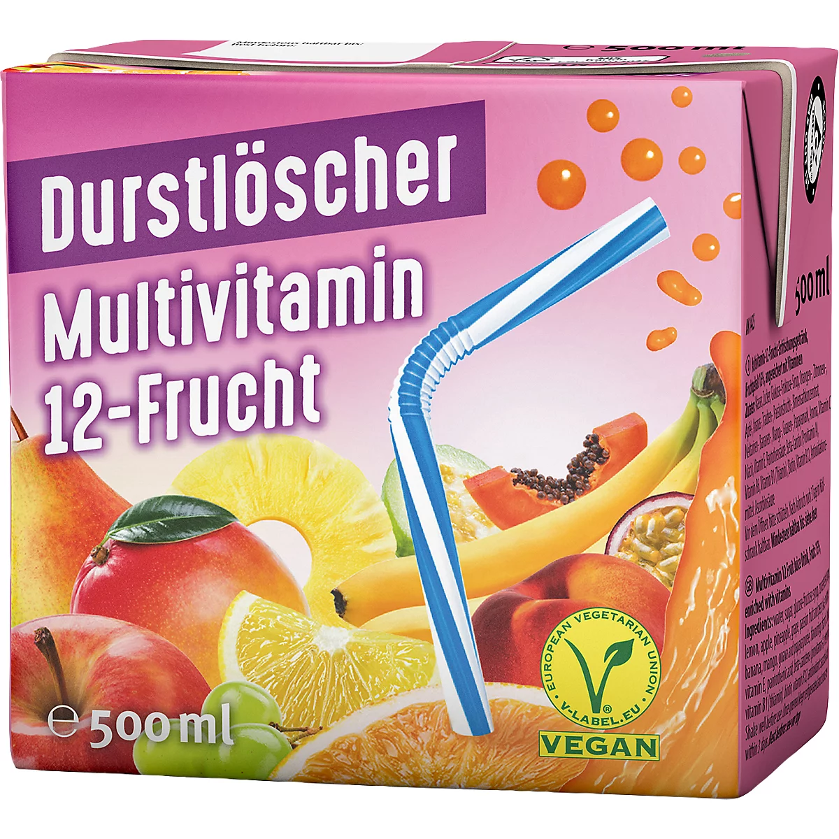 500ml Durstlöscher Multivitamin 12-Frucht Getränkekarton mit bunten Früchten und blauem Trinkhalm.