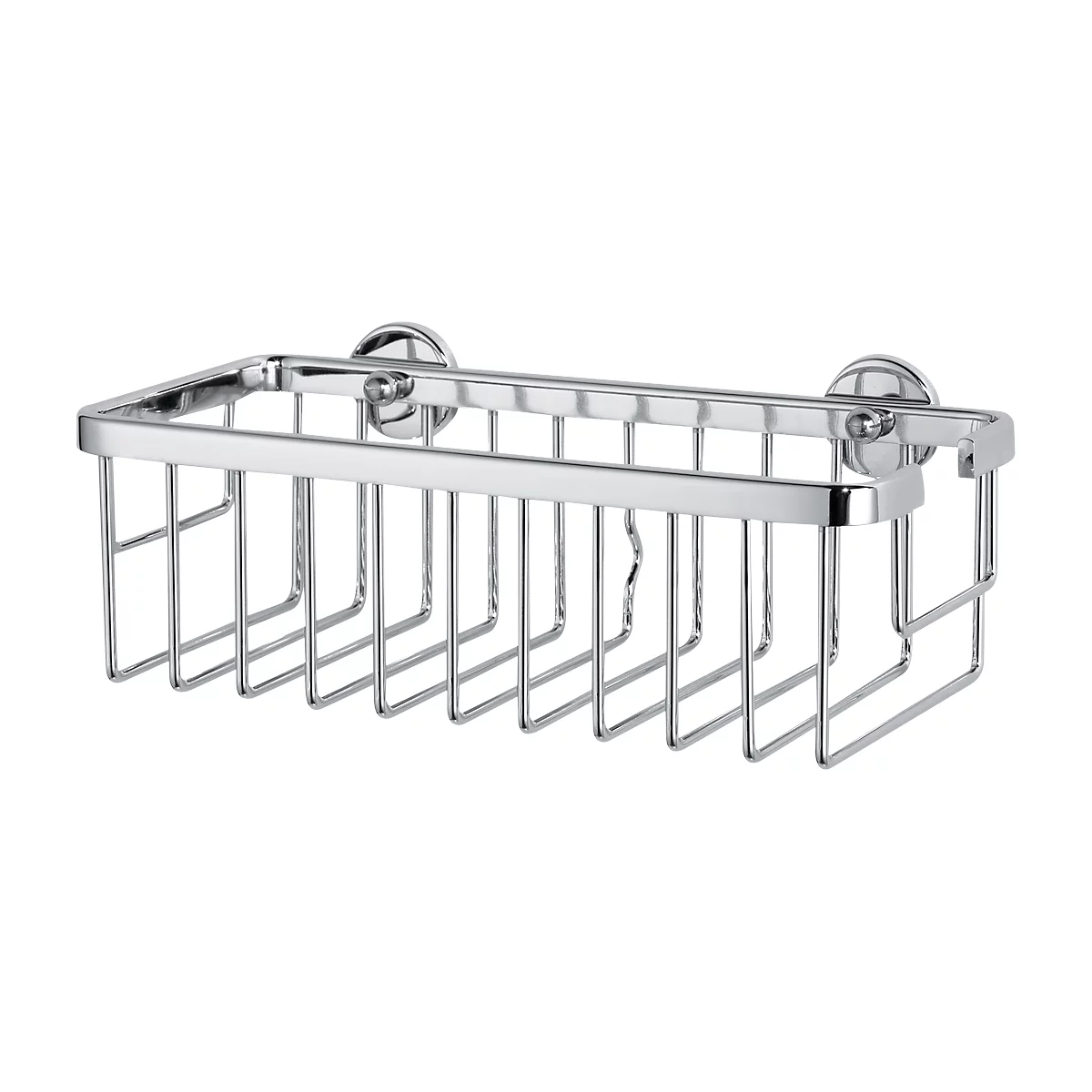 Eine verchromte Duschablage, montiert mit zwei runden Halterungen. Der Korb besteht aus Drahtstäben und ist rechteckig.