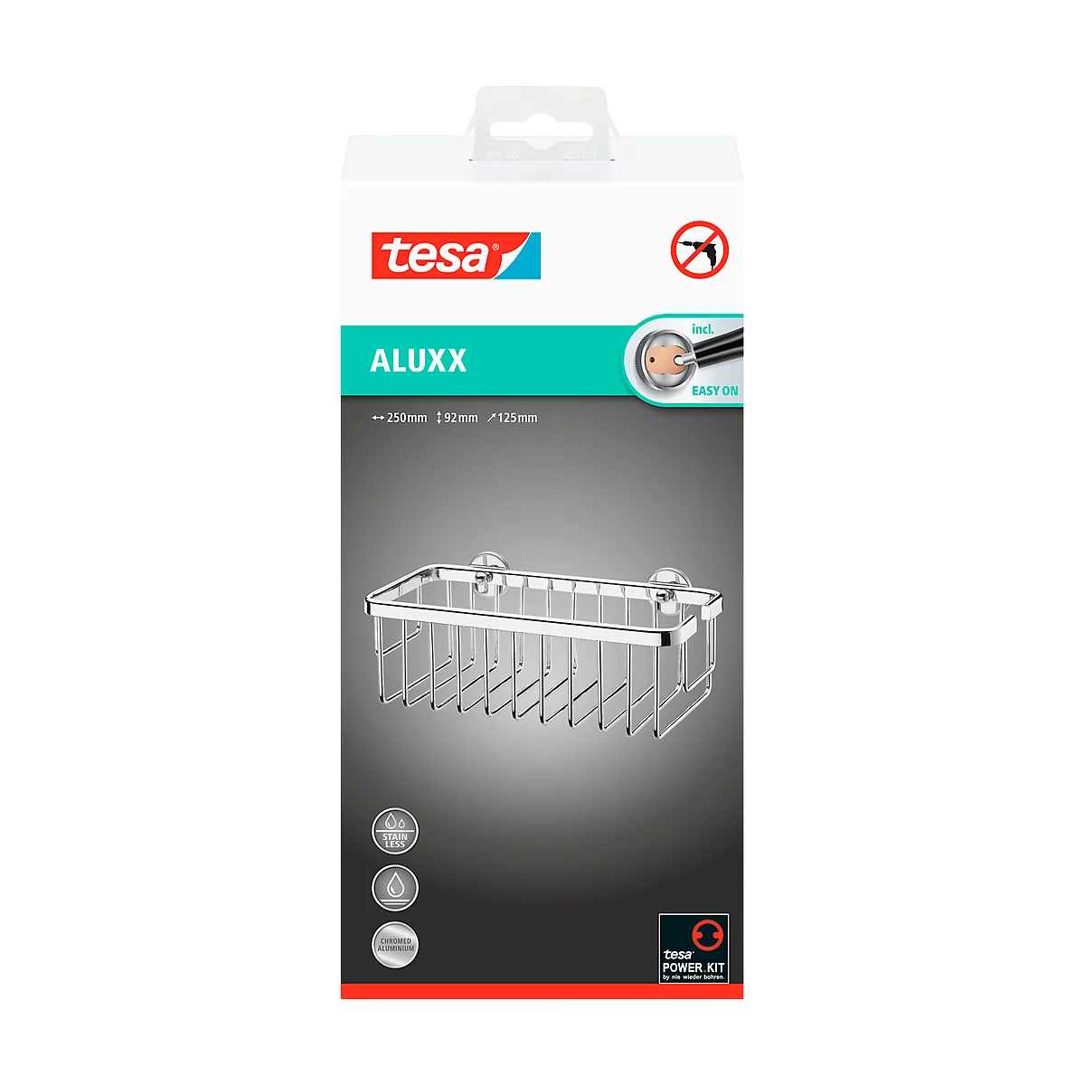 Verchromtes Drahtgestell, verpackt in einer Produktverpackung mit Tesa-Logo und Produktnamen ALUXX.