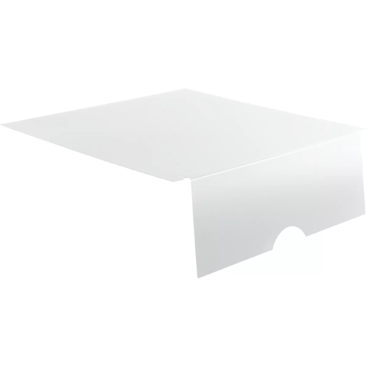 White, angled metal part, with a cutout on one corner.