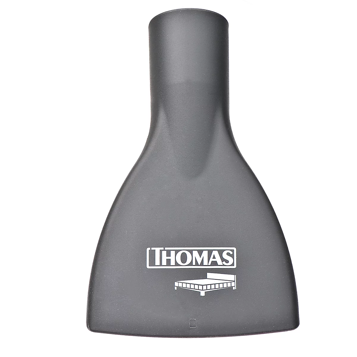 Dark grey nozzle with Thomas logo. Shape: broad, flat, with narrow neck. Surface smooth.
