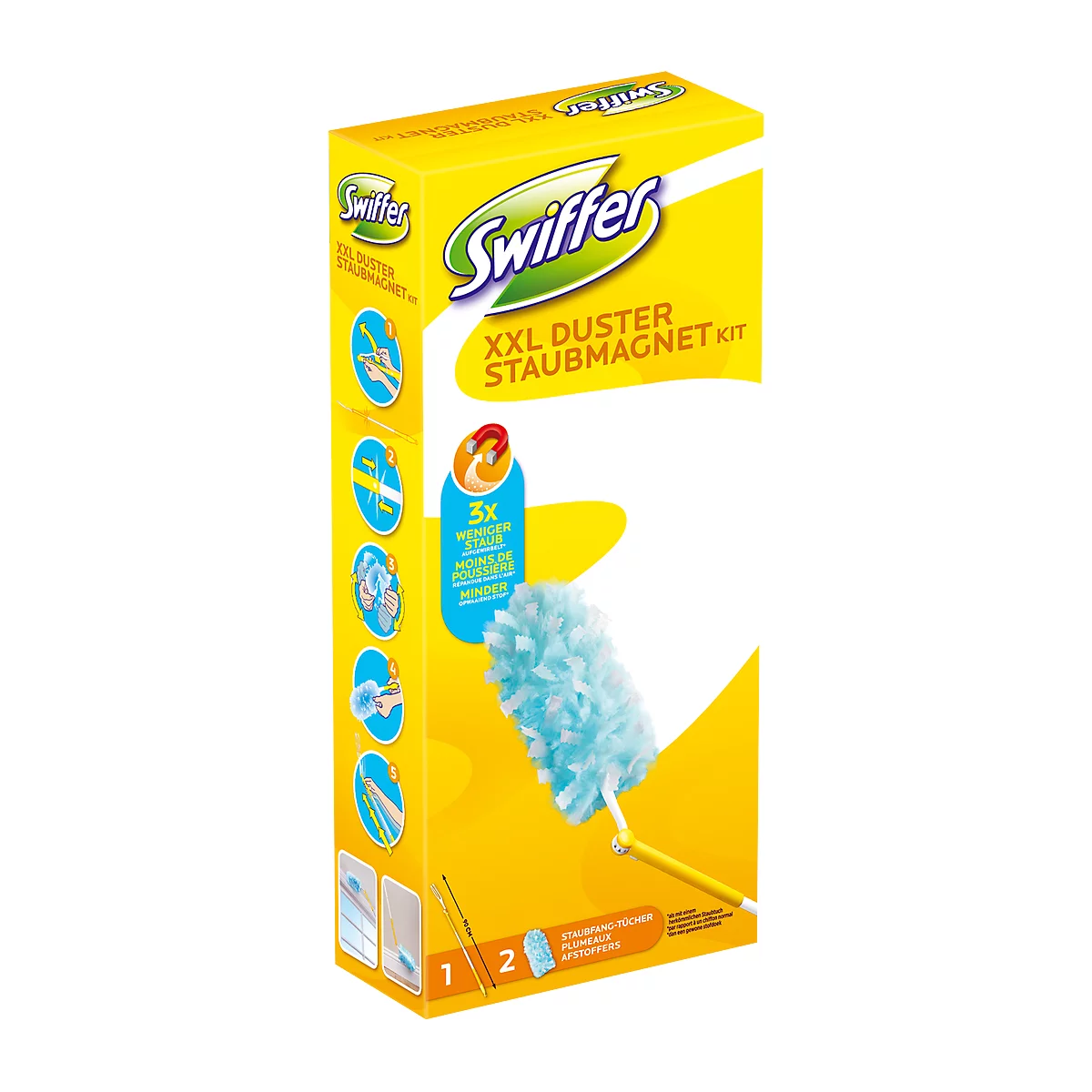 Yellow Swiffer box with product image and lettering. A blue and white duster protrudes from the box.