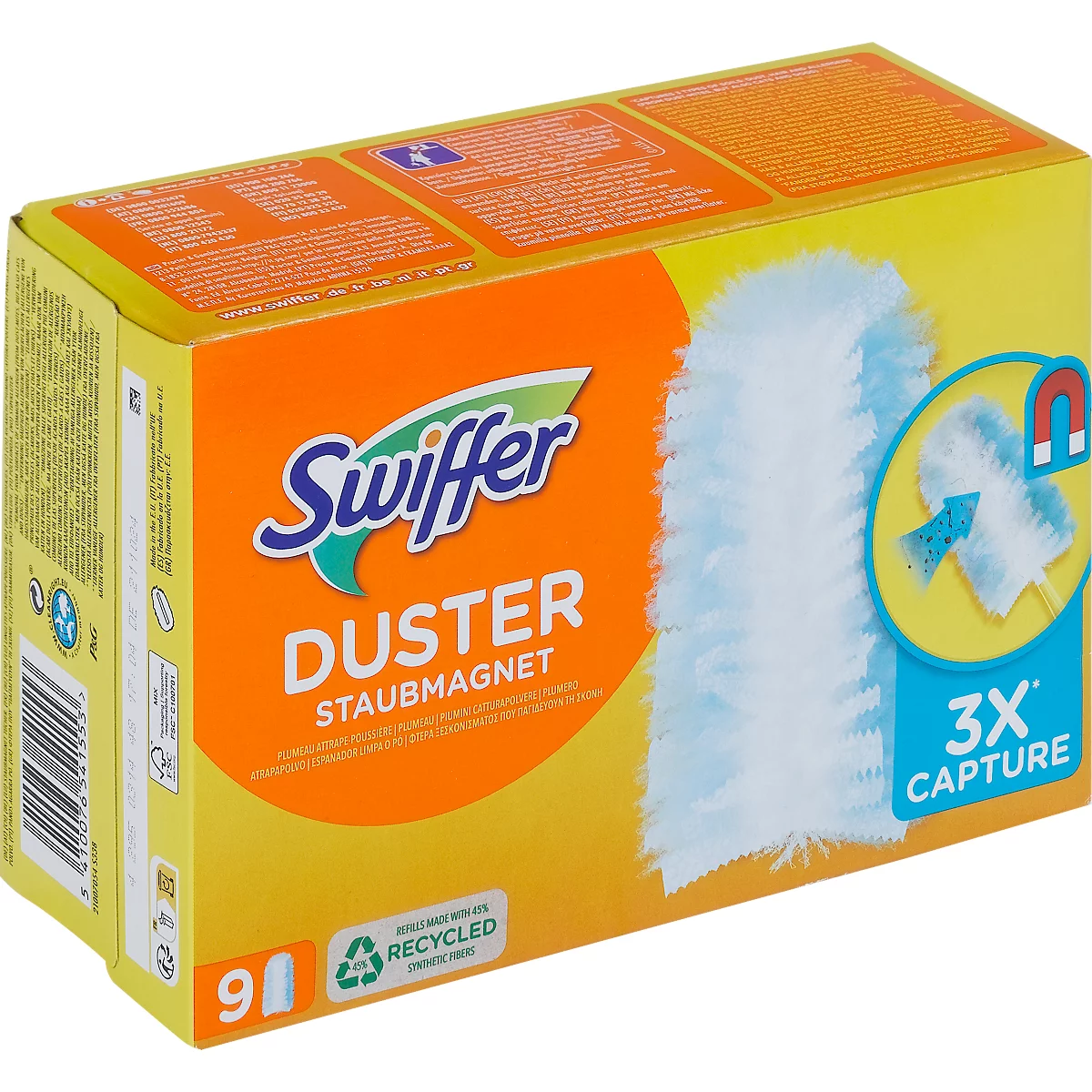Yellow Swiffer Duster box. Top left: Logo with lettering. Orange background. Text: Duster Staubmagnet, 3x Capture.