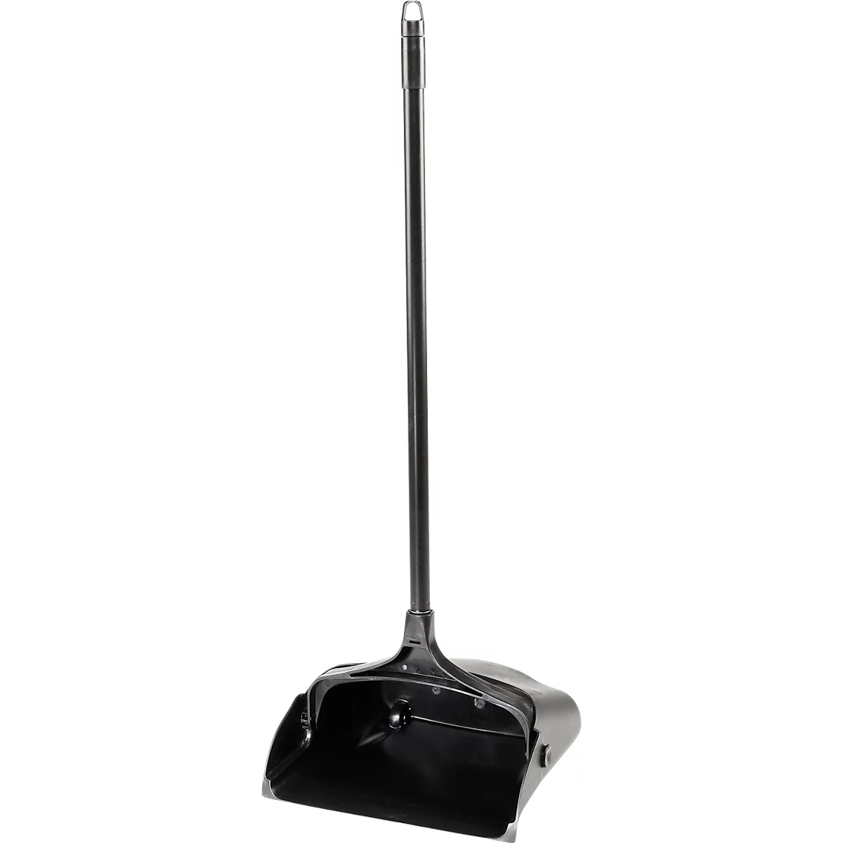 Black dustpan with long handle and hanging loop.