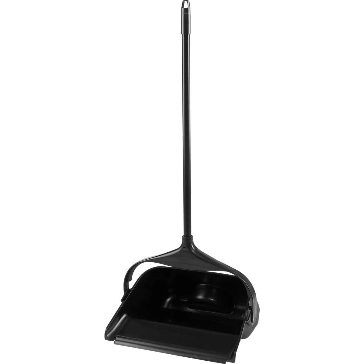 Black dustpan with a long handle. The dustpan is for collecting dust and dirt.