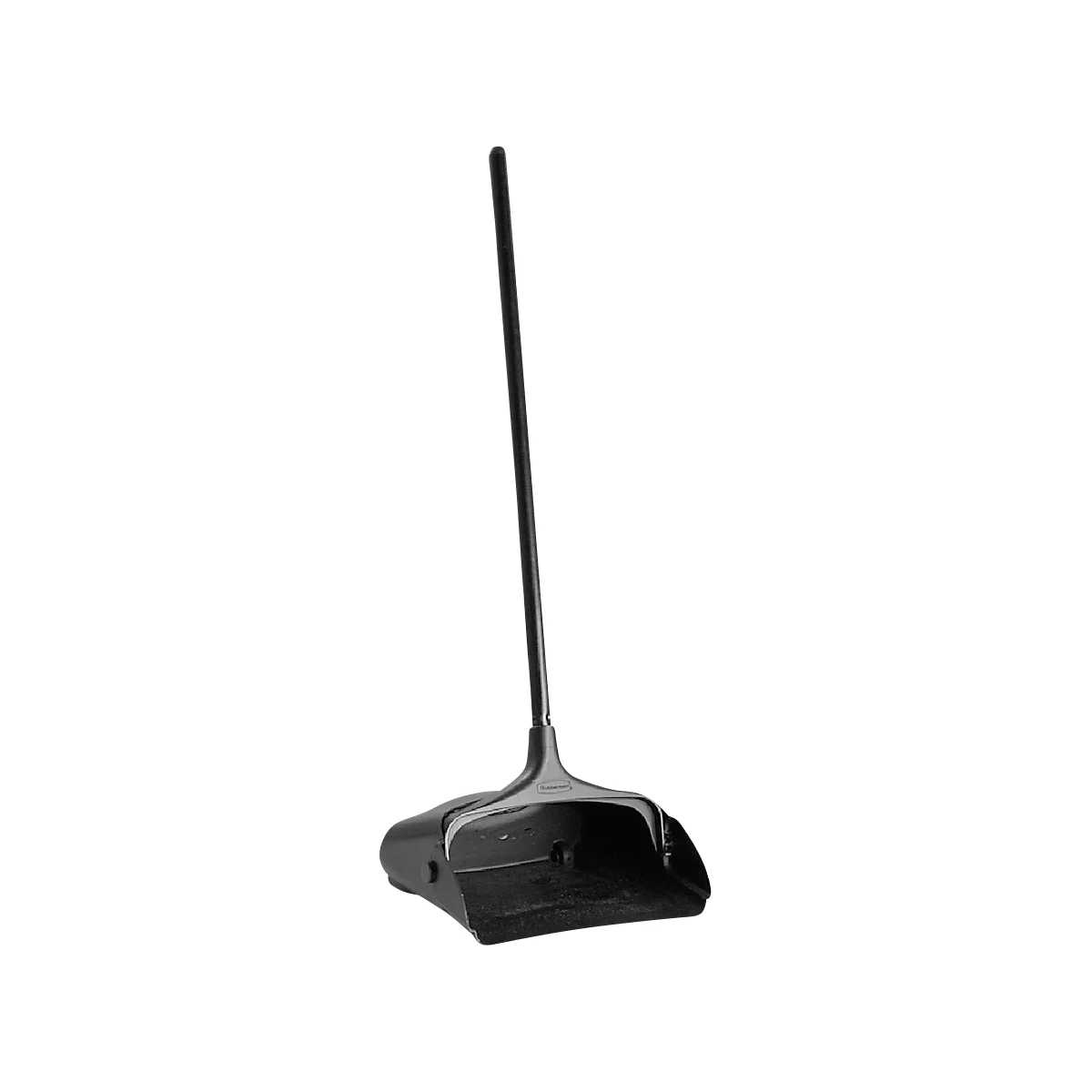 Black dustpan with long handle, isolated against a white background.