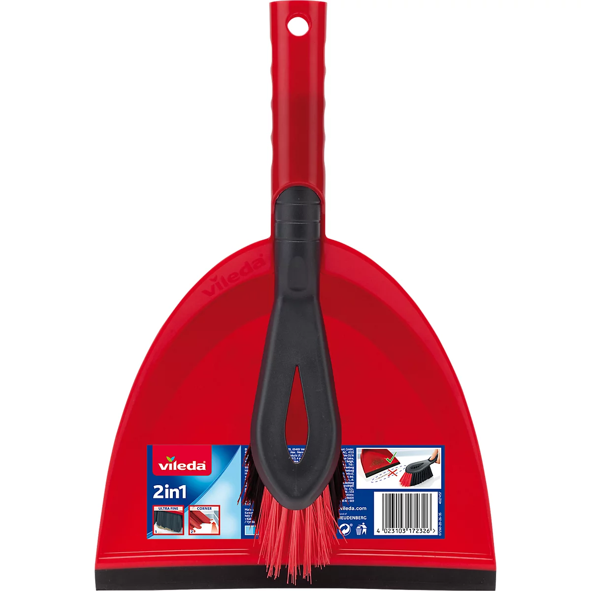 Red dustpan with red brush, black brush, product description. Vileda.