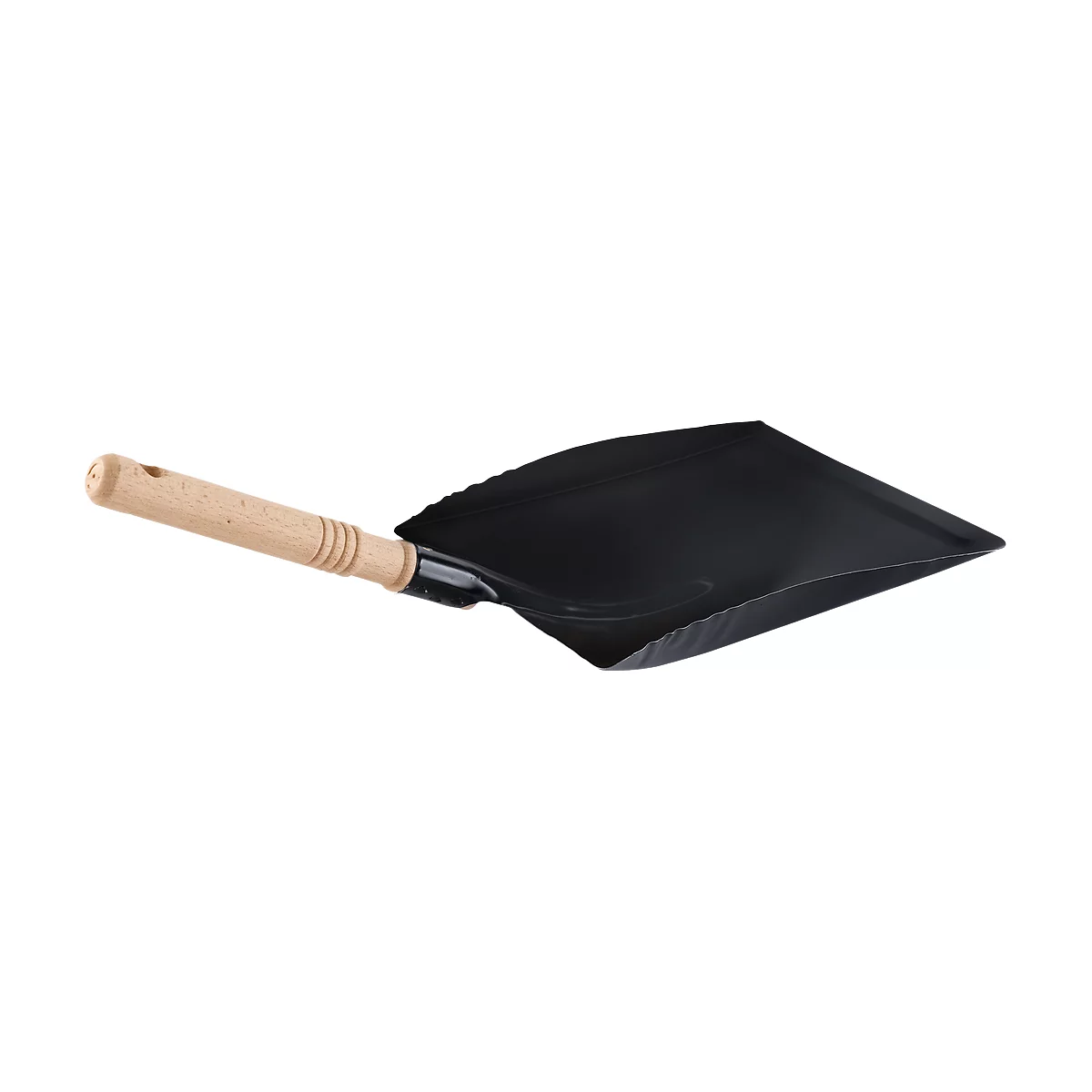 Black dustpan with wooden handle, angled from top left.