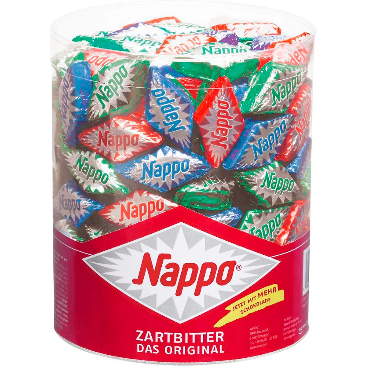 Cylindrical jar of chocolates. "Nappo" is written on each chocolate. The jar reads "Nappo", "Zartbitter, das Original".