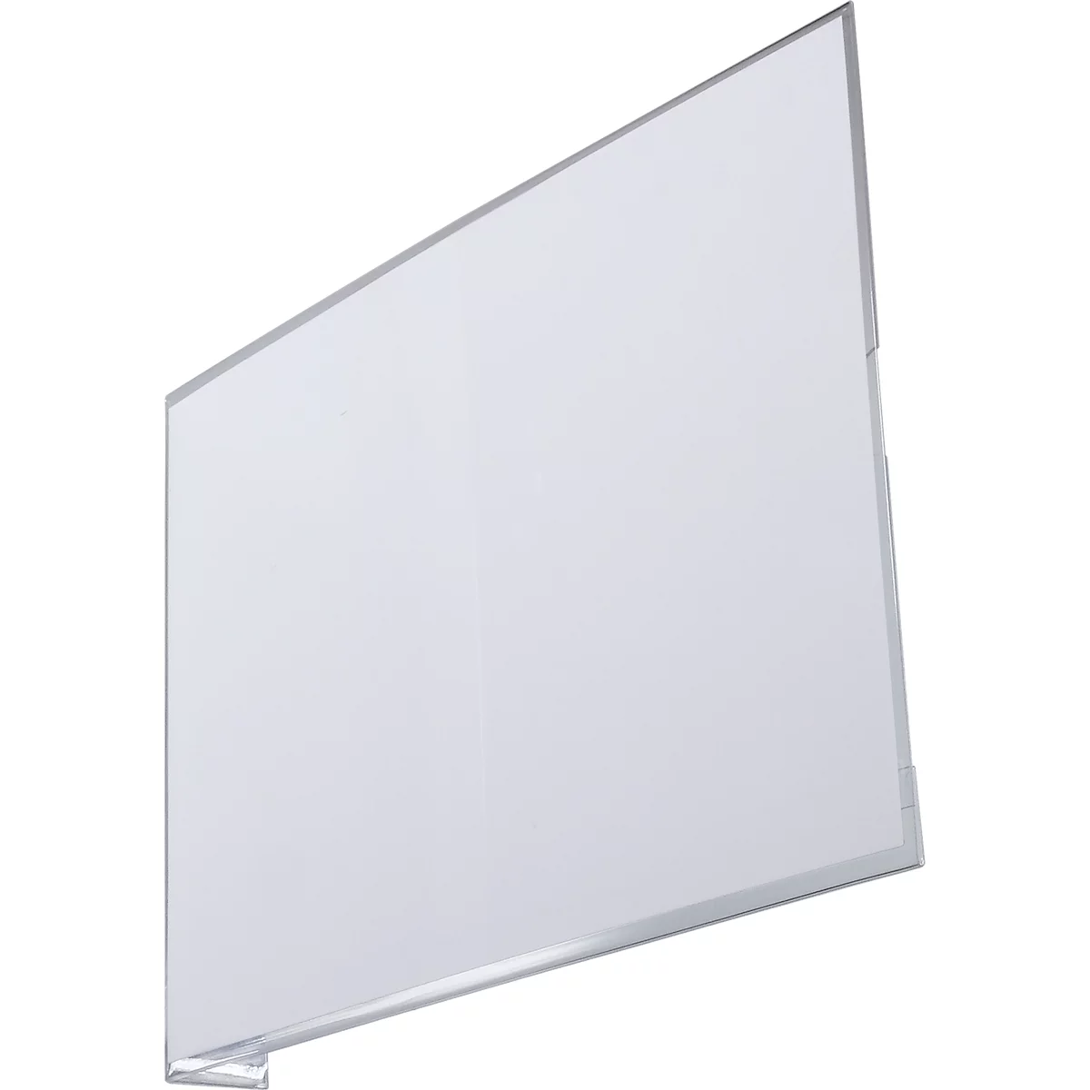 Een wit, rechthoekig whiteboard, lichtjes schuin, met een dun, zilverkleurig frame. Een kleine handgreep linksonder.