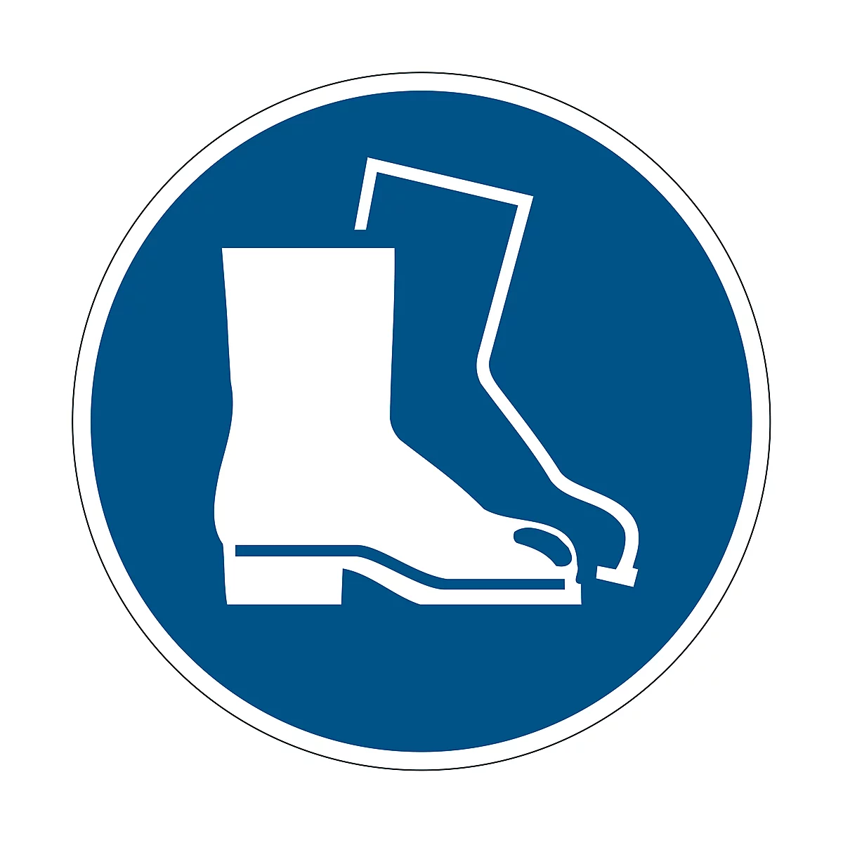 Duurzaam informatiebordje, rond, voor binnengebruik, motief 'Gebruik voetbescherming', EN ISO 7010, zelfklevend, blauw-wit, 1 stuk