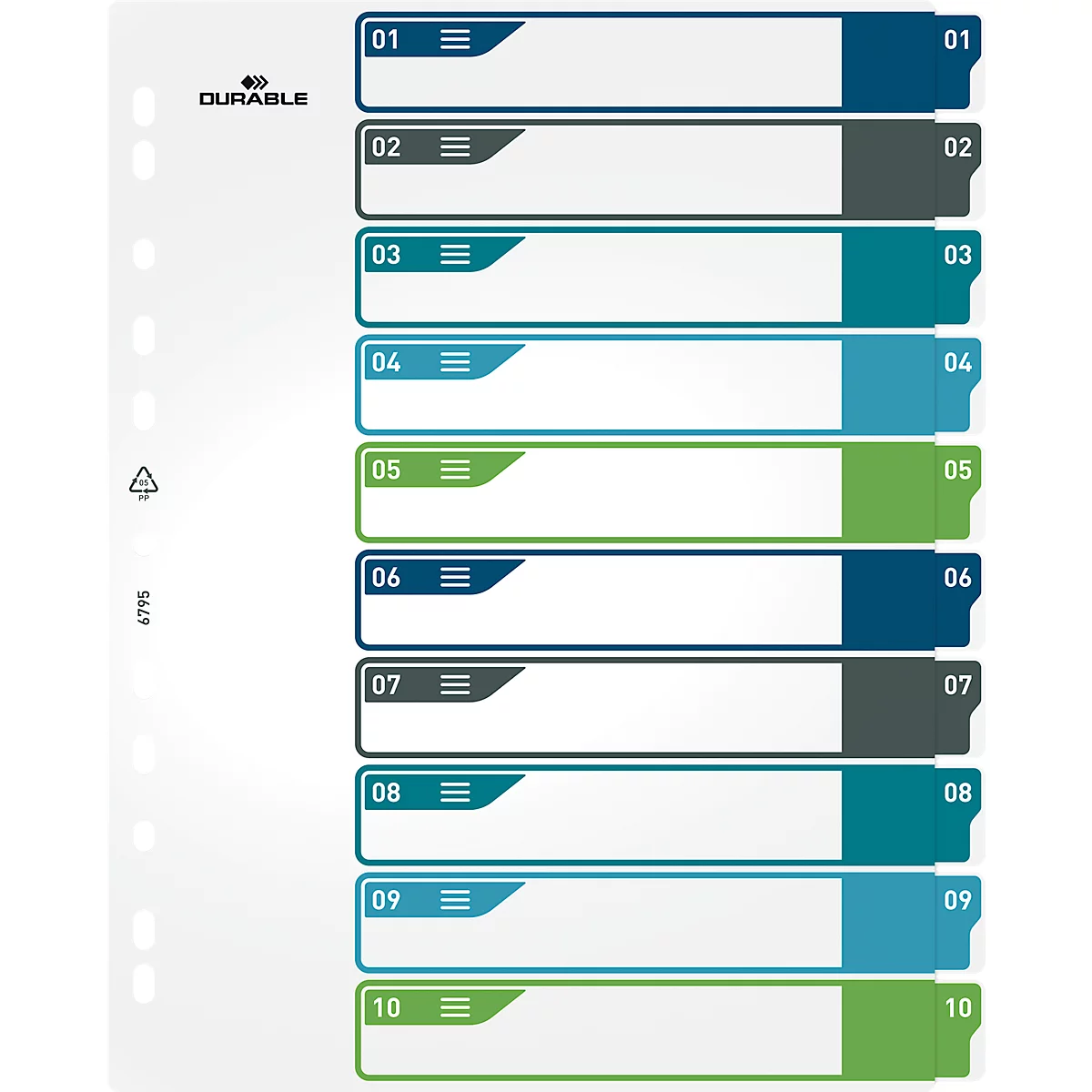 Duurzame index, 10-delig, DIN A4+, indexblad, computerbeschrijfbare index, met gekleurde tabbladen