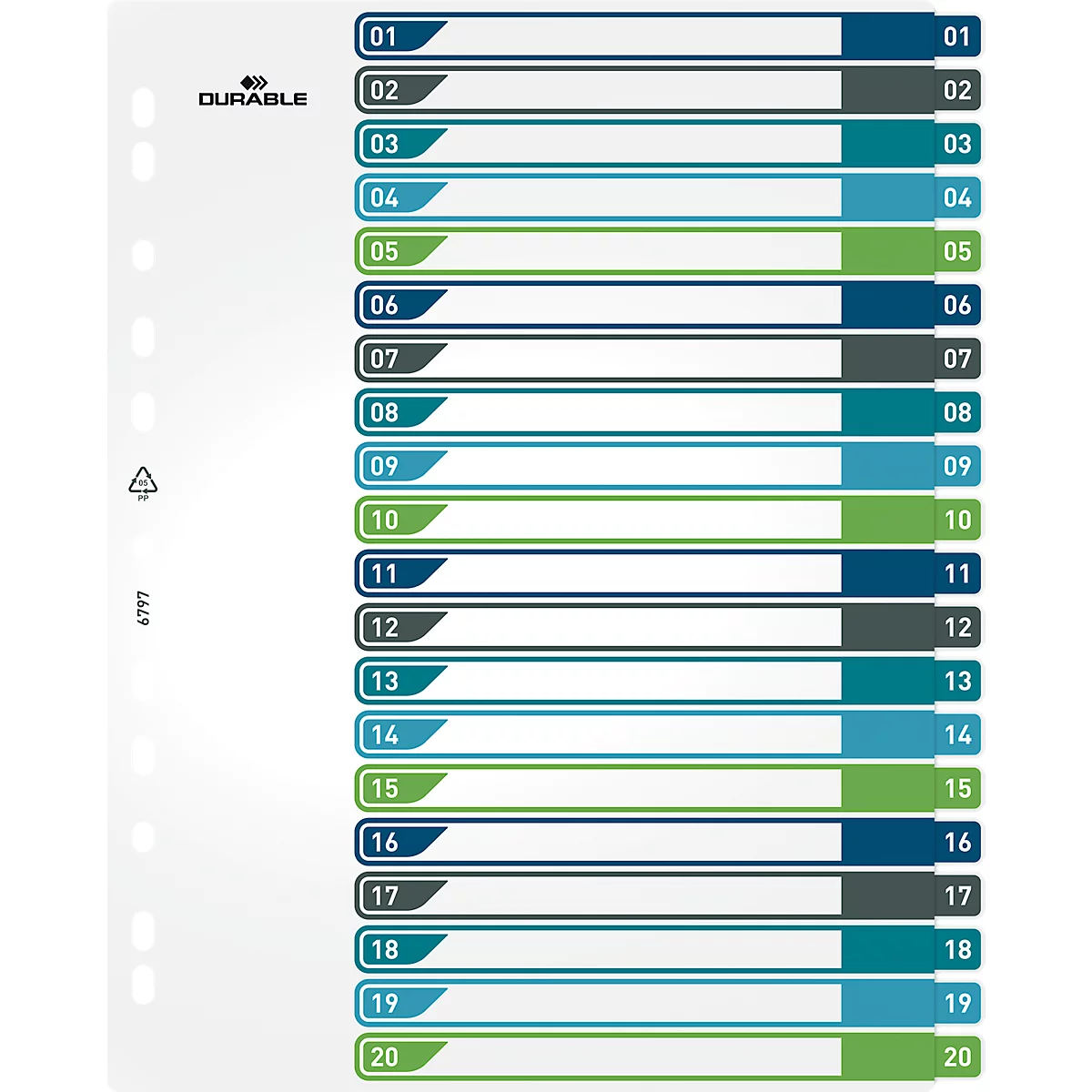 Duurzame index, 20-delig, DIN A4+, indexblad, computerbeschrijfbare index, met gekleurde tabbladen