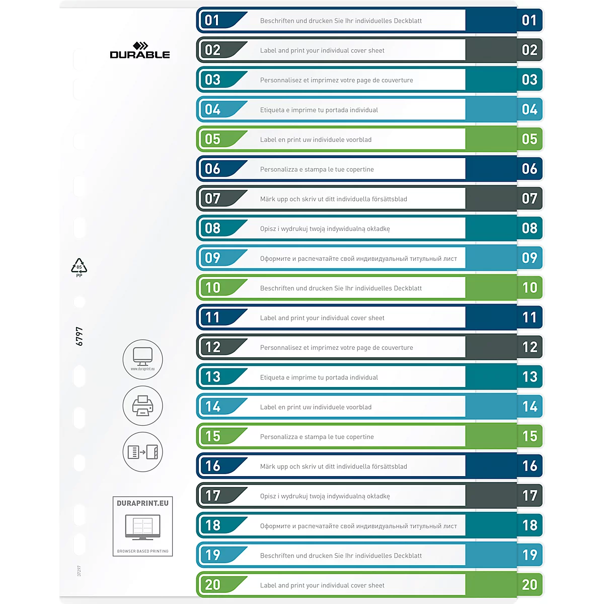 Duurzame index, 20-delig, DIN A4+, indexblad, computerbeschrijfbare index, met gekleurde tabbladen