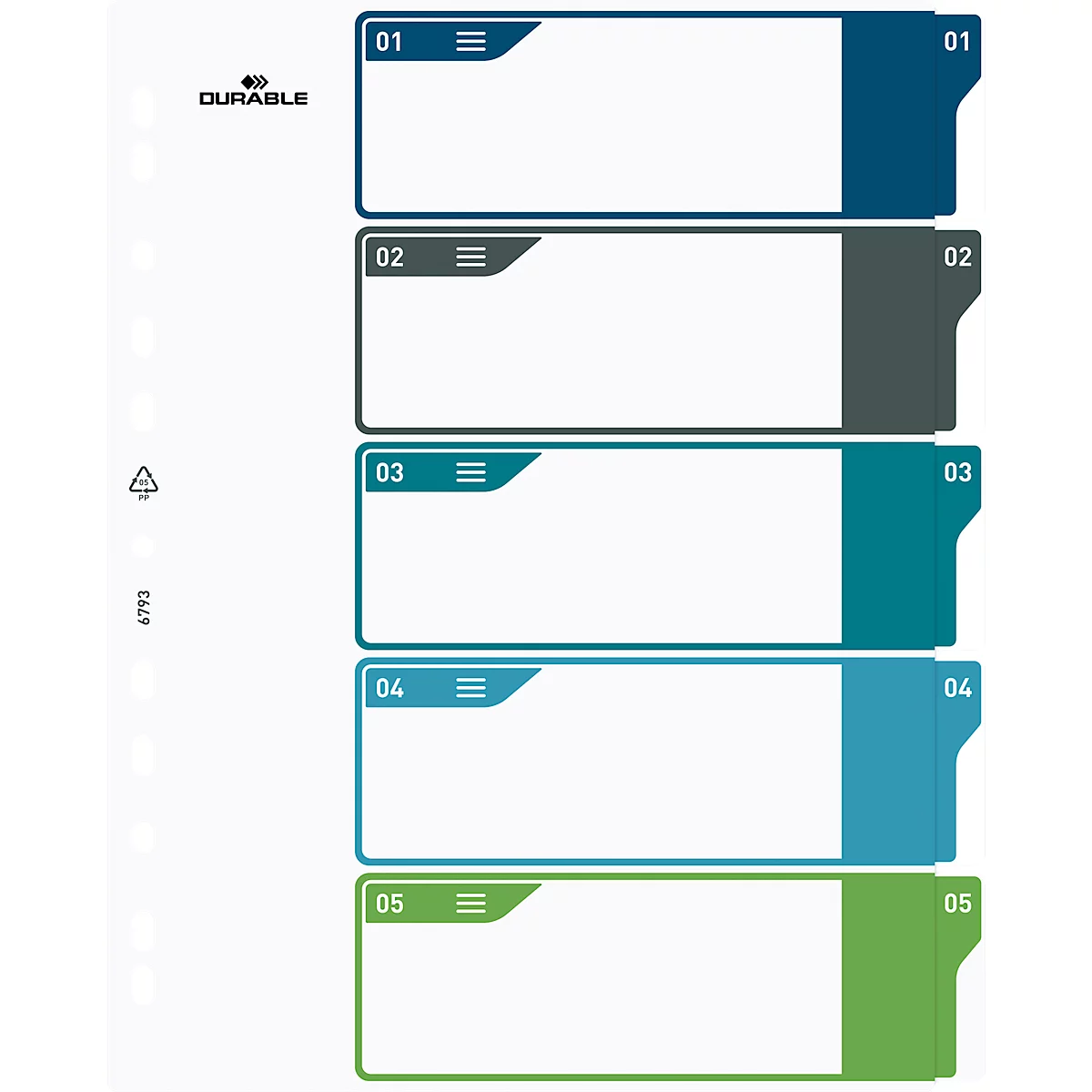 Duurzame index, 5 secties, DIN A4+, indexblad, computerbeschrijfbare index, met gekleurde tabbladen