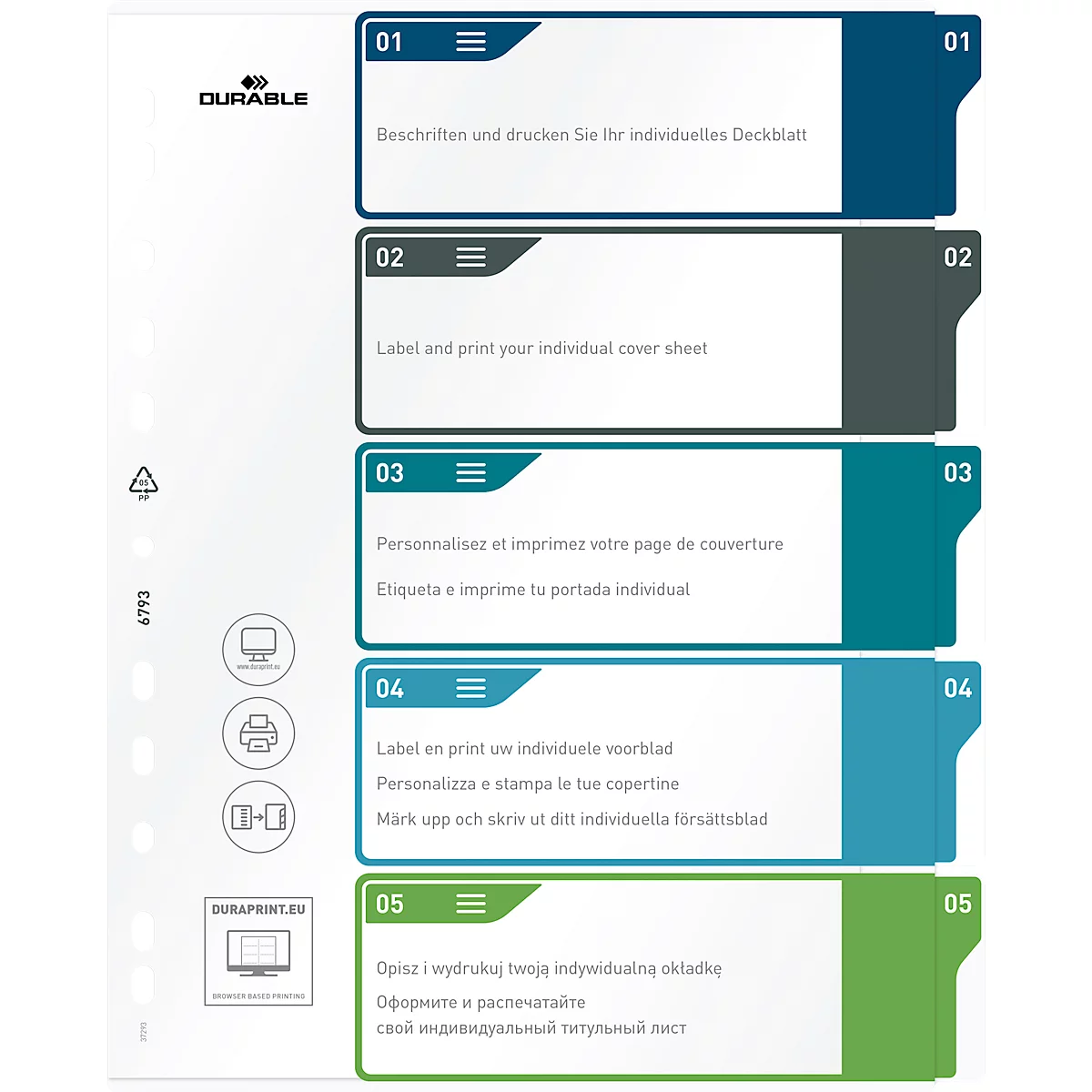 Duurzame index, 5 secties, DIN A4+, indexblad, computerbeschrijfbare index, met gekleurde tabbladen