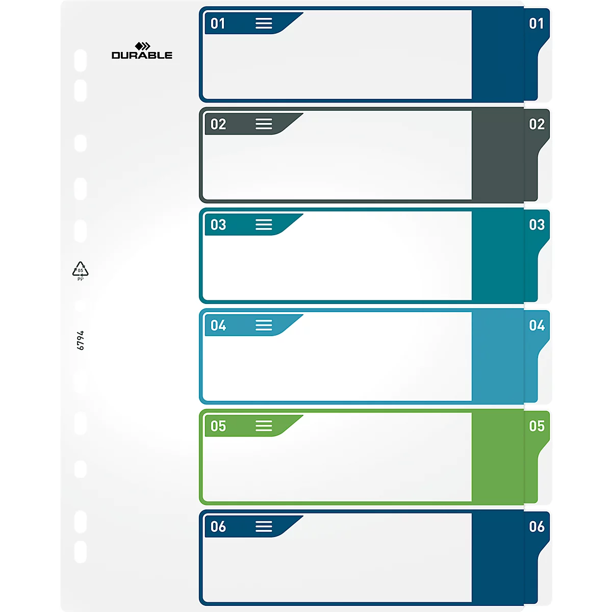 Duurzame index, 6-delig, DIN A4+, indexblad, computerbeschrijfbare index, met gekleurde tabbladen