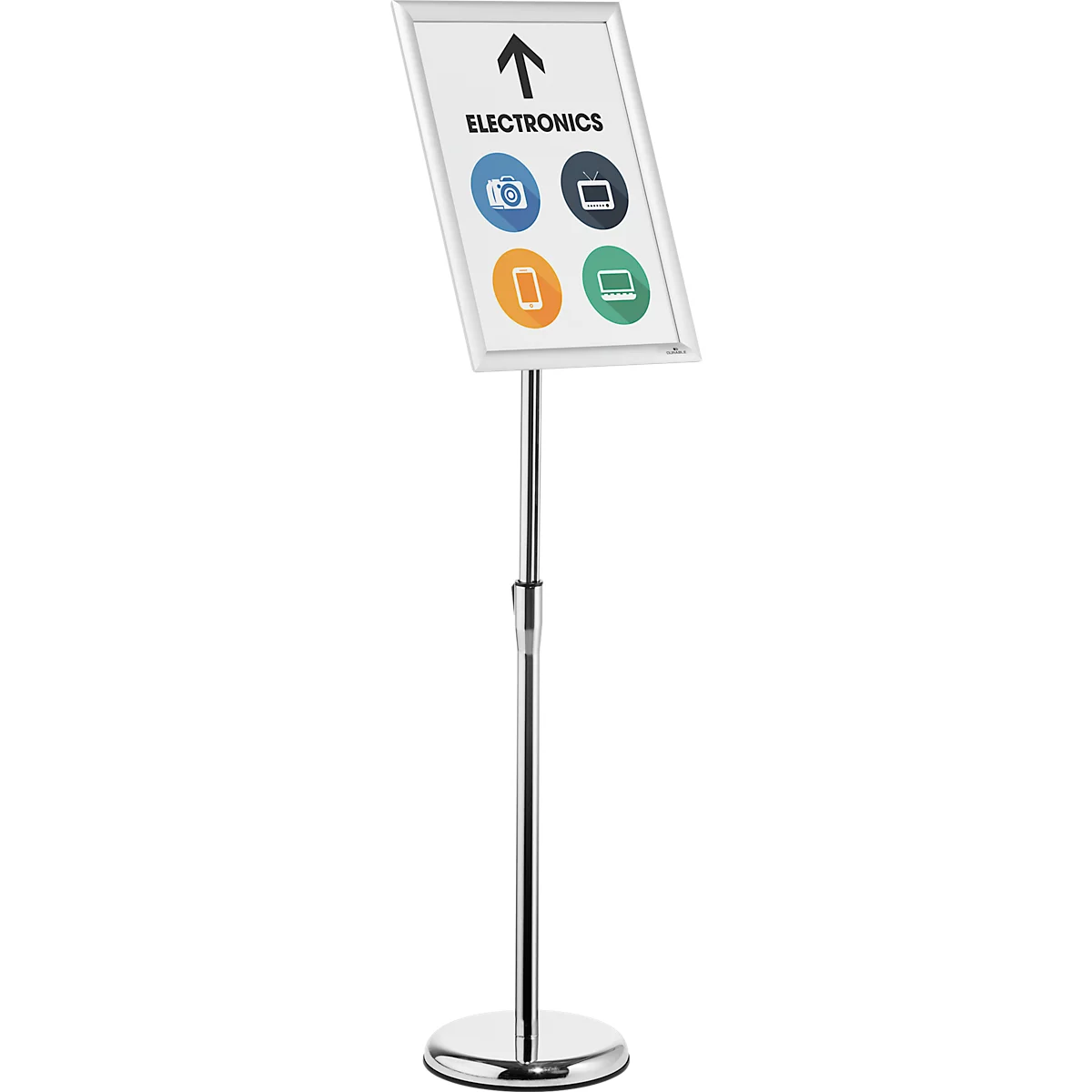 Duurzame informatiestandaard, met DIN A3 vouwframe, staand en liggend formaat, in hoogte verstelbaar, aluminium en polystyreen, zilver